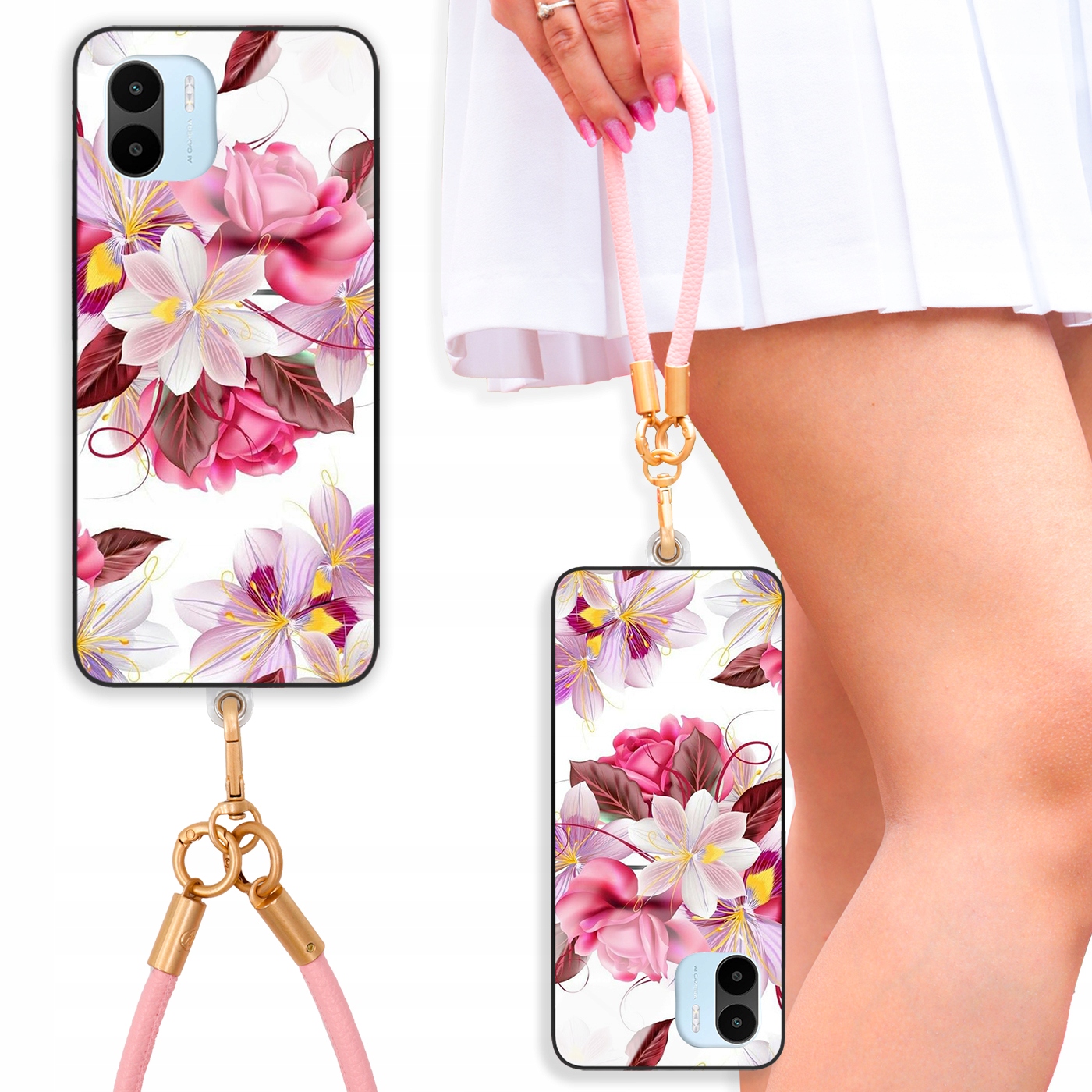 Pouzdro Pro Xiaomi Redmi A1 Skleněné Květiny Jarní Vodítko Růžové Kožené Vzory
