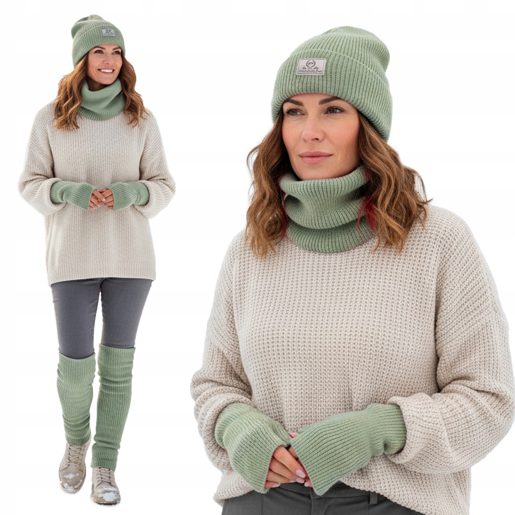 Dámský komplet 4v1 Čepice Nákrčník Rukavice Getry Teplá sada Pistáciová