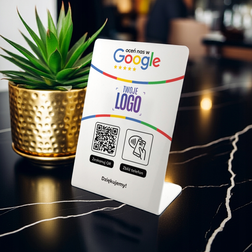 Stojak NFC QR stand prezenter gięty tabliczka do opinii Google z LOGO FIRMY