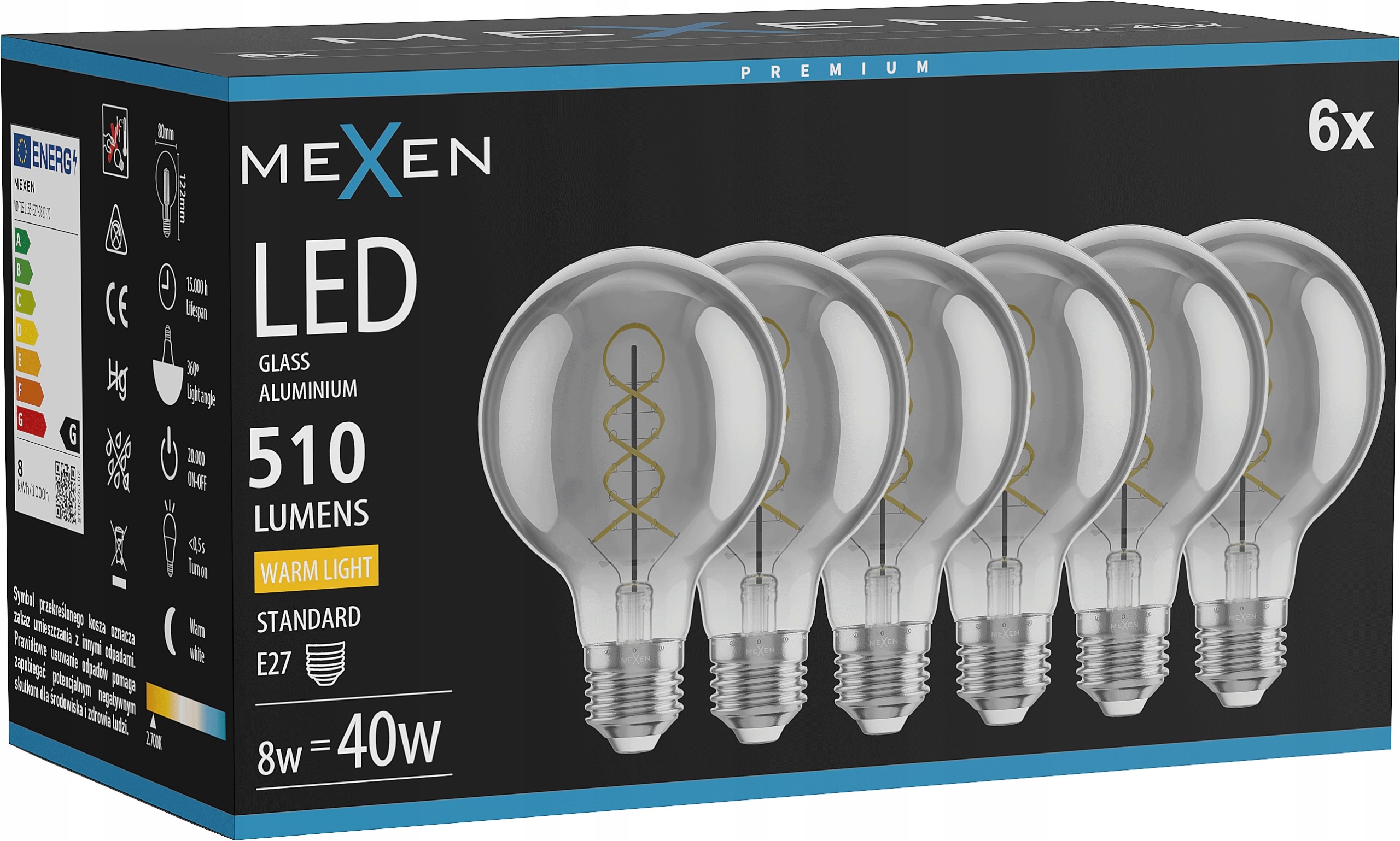 Mexen Vintis 6x Led filamentová žárovka G80 E27 8W 2700K kouřová 80×122 mm