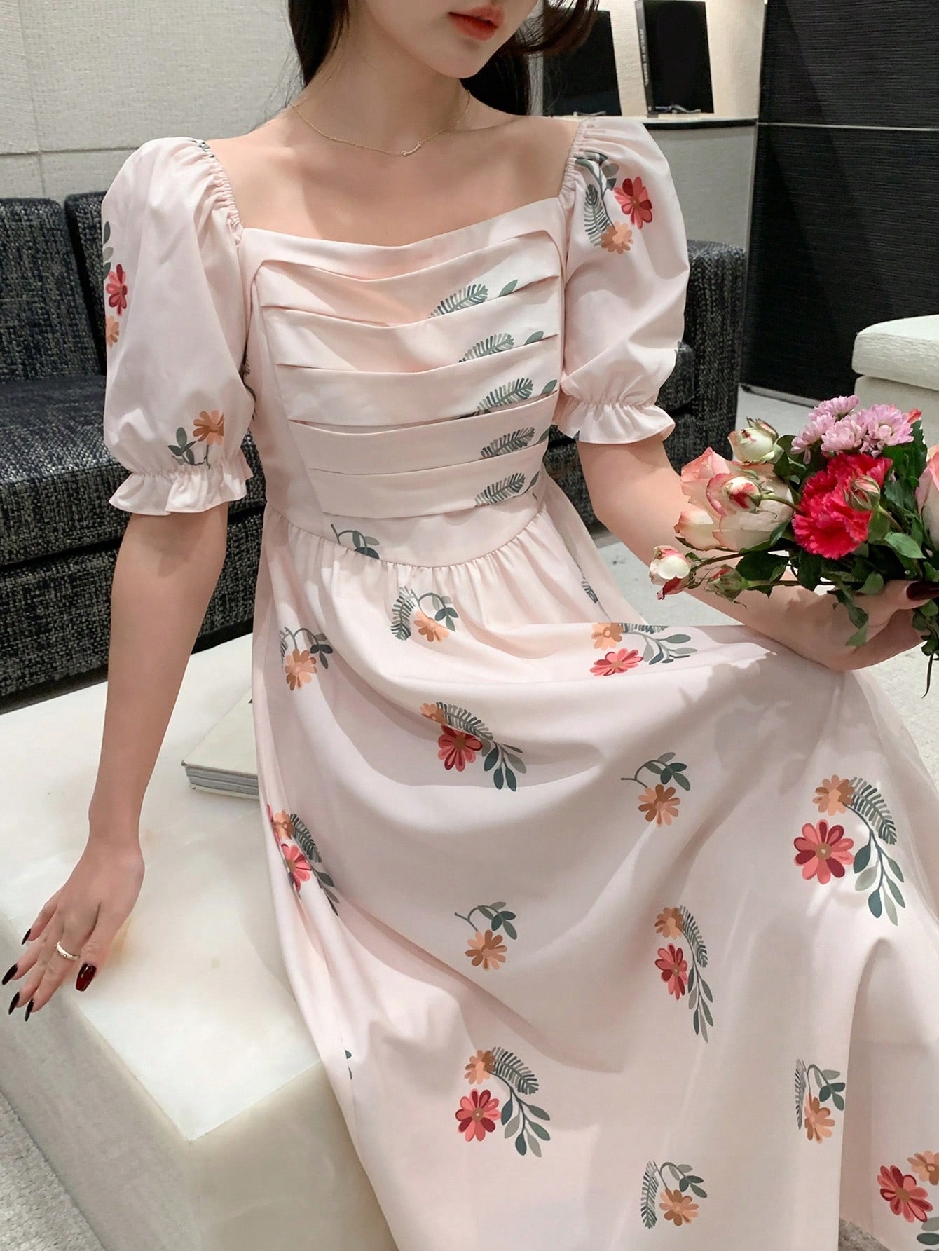 Šaty MIDI Koktejlová Sukně S Květinami Růžová Dazy XXL 44