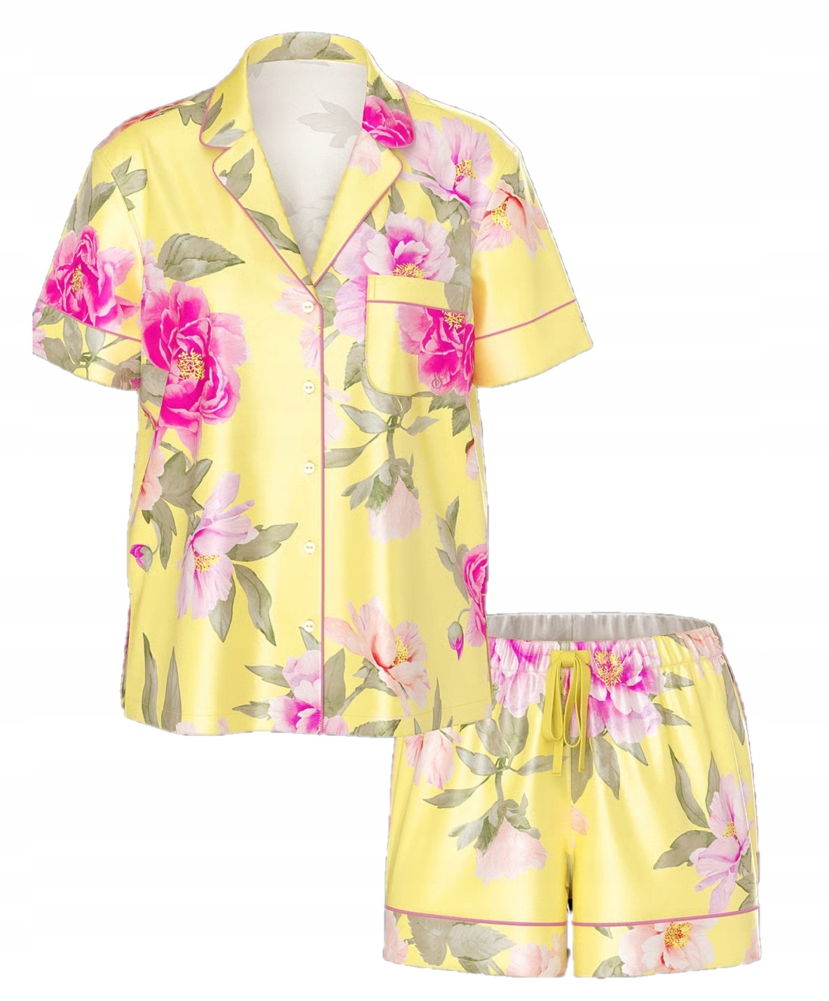 Krátké saténové pyžamo Victoria's Secret žluté s květinami, velikost S (M)