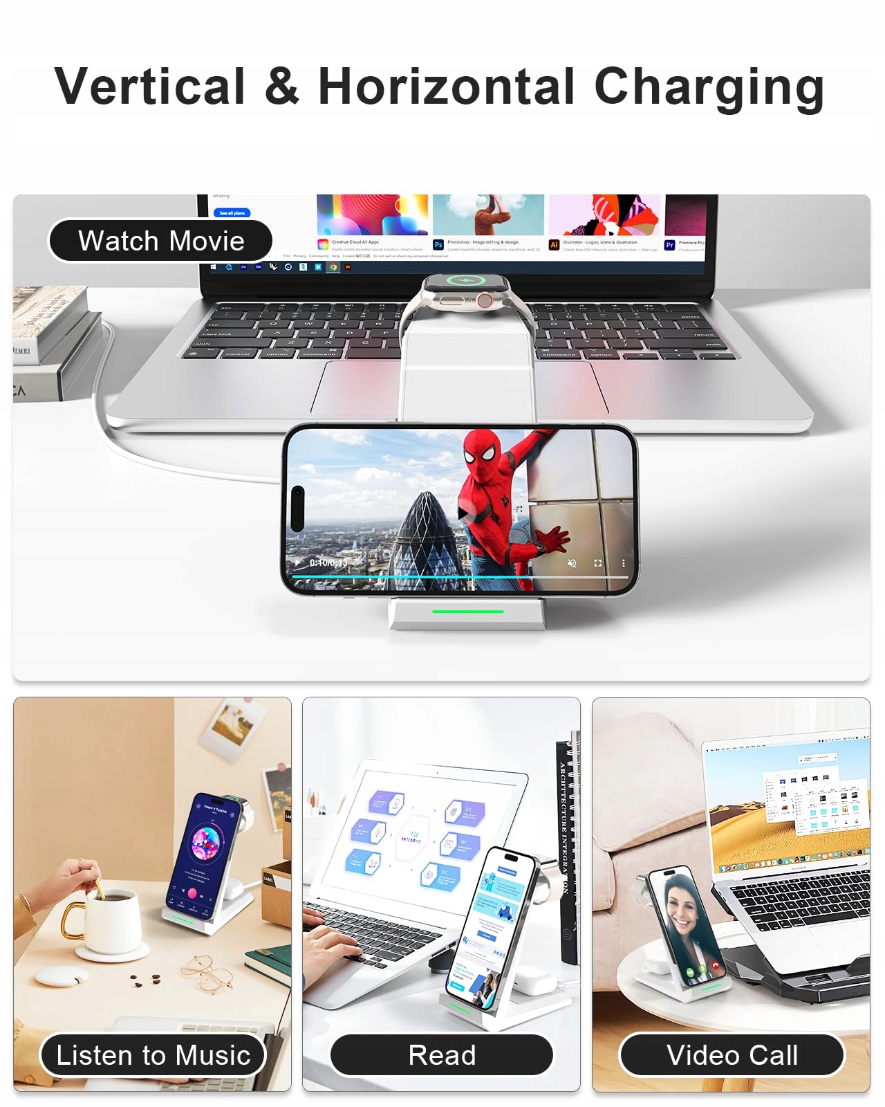 Indukcyjna stacja ładująca 3 w 1 Apple Watch i iPhone Biała Ładowarka — miniatura 3