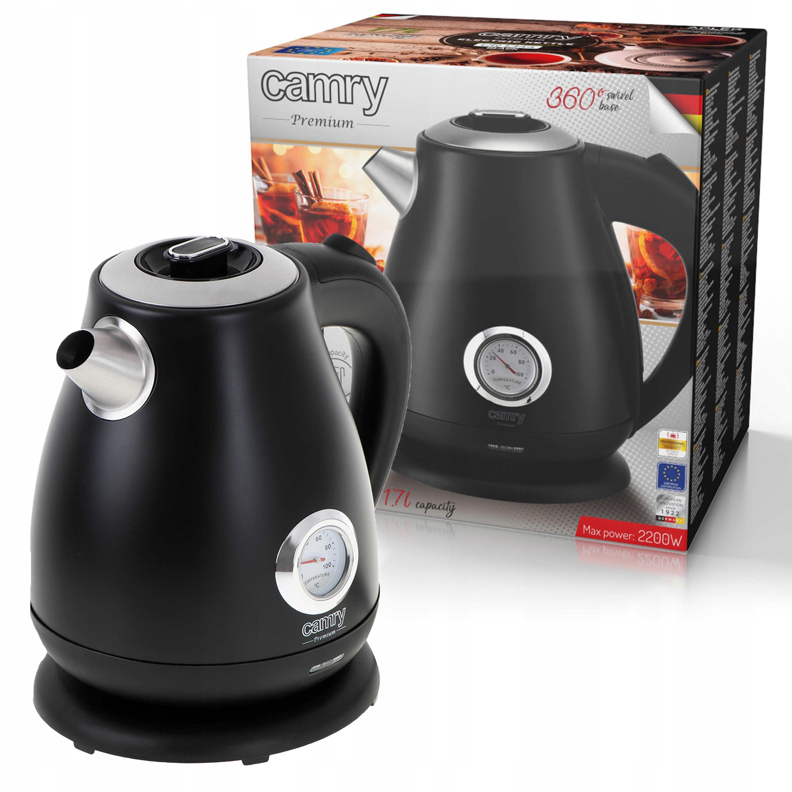 Camry CR1344 black czajnik metalowy termometr * 1,7 l * 1850-220W