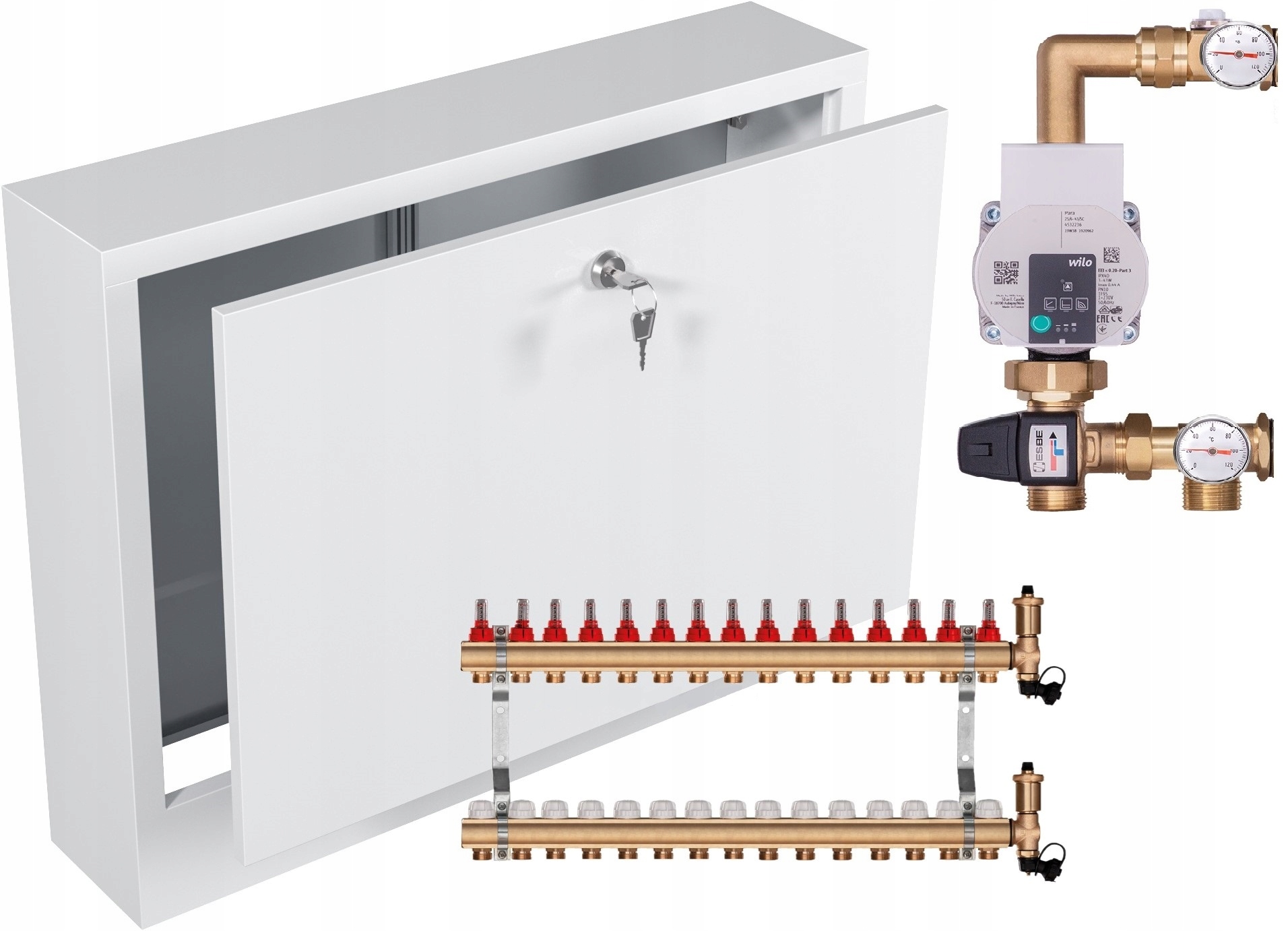 Mosazný rozdělovač pro podlahu 15 s Pumpou Wilo Nástěnná Skříňka