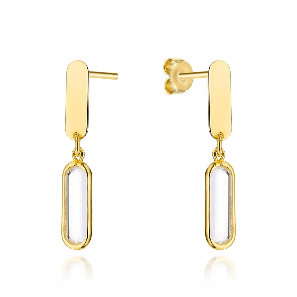 Náušnice zlaté 585 závěsné oválky na tyči, bílý kámen ve zlatém rámečku