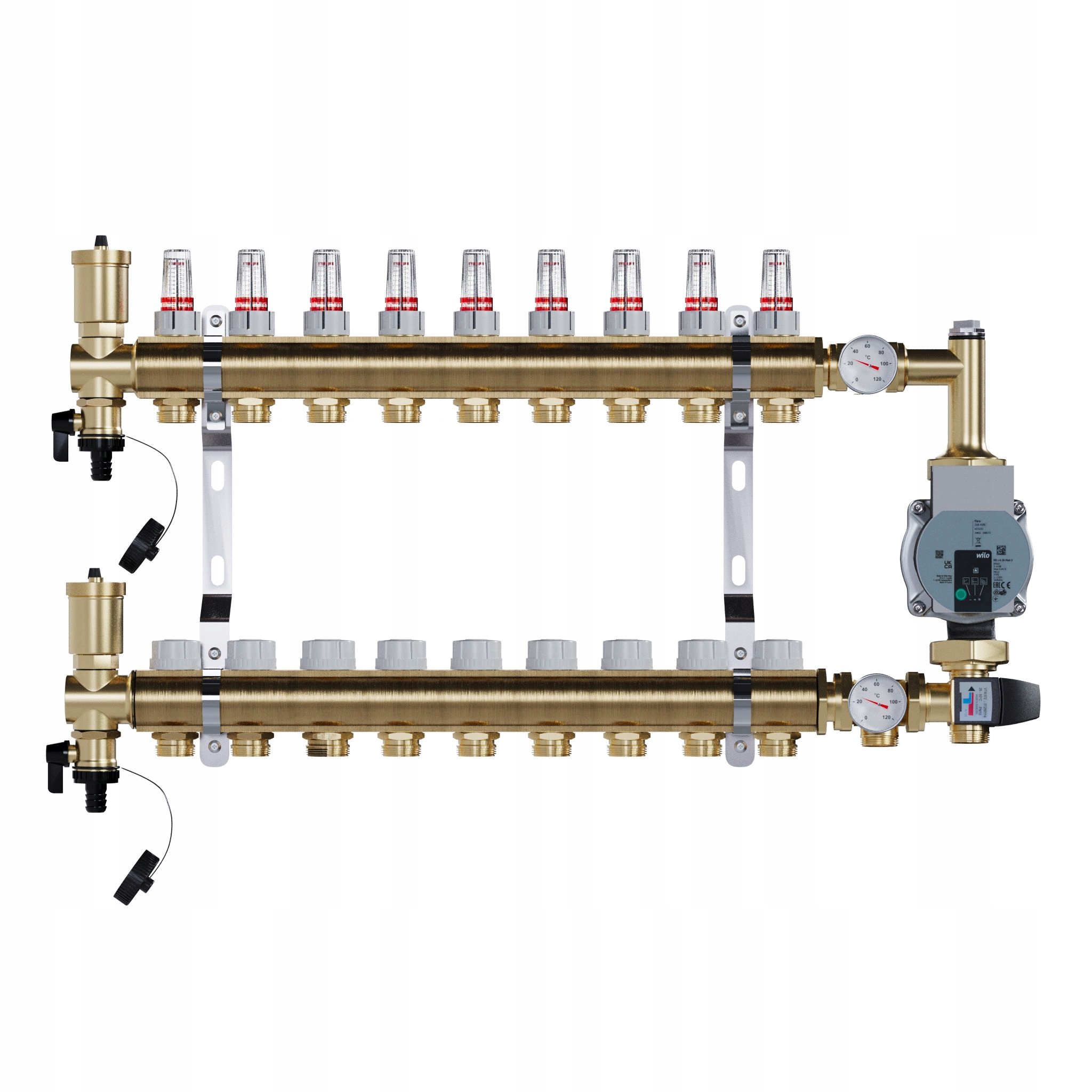 Rozdělovač pro podlahu 9 sekcí mosazný pro vytápění Čerpadlo Wilo