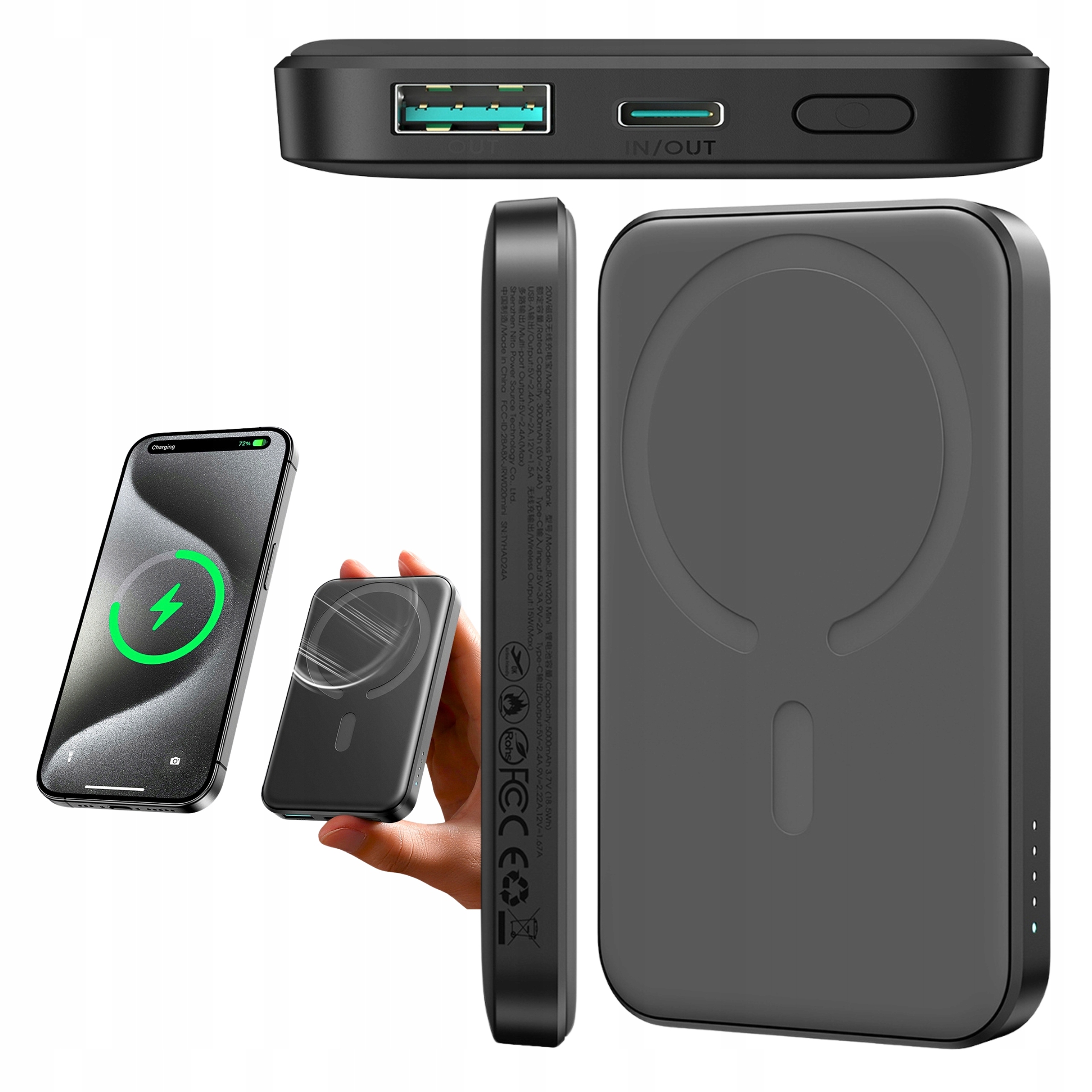 Mini Powerbank Indukcyjny 5000 mAh Power Bank 20W Usb-a Usb-c kabel Usb-c