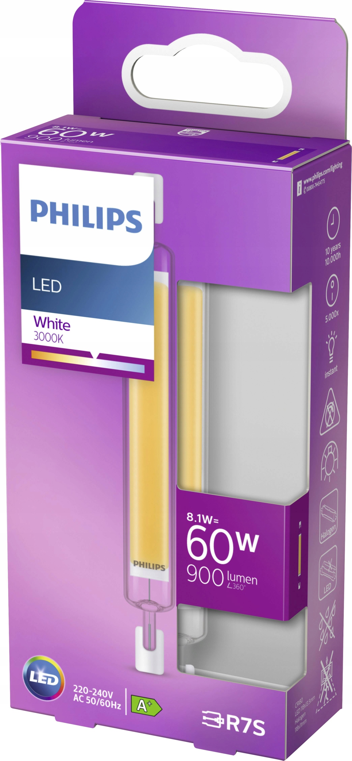 Żarnik LED PHILIPS  8,1W = 60W / 3000K / 118 mm (929002327201 .