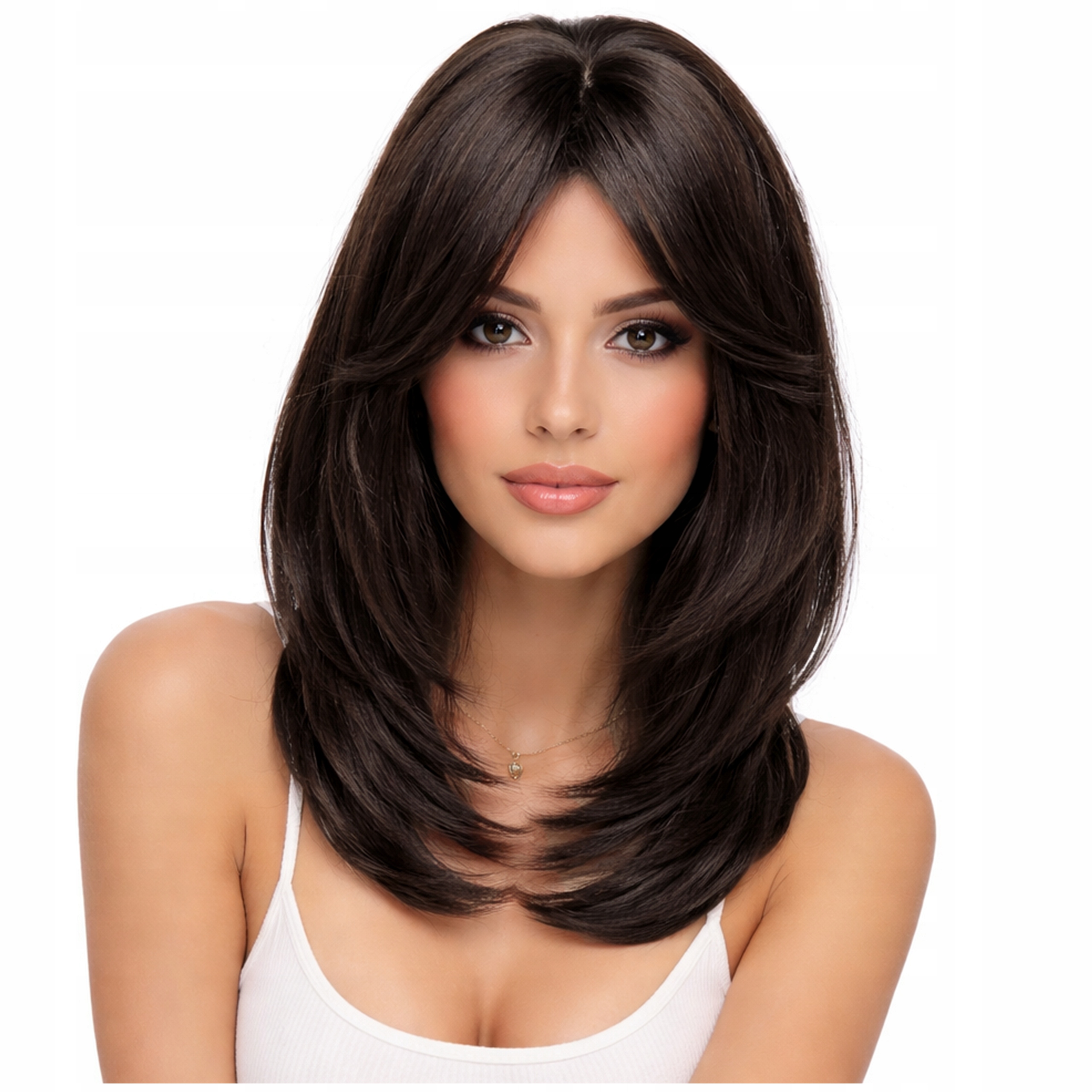 Peruka damska Ciemny Brąz czekolada Proste włosy Jak Naturalne Grzywka