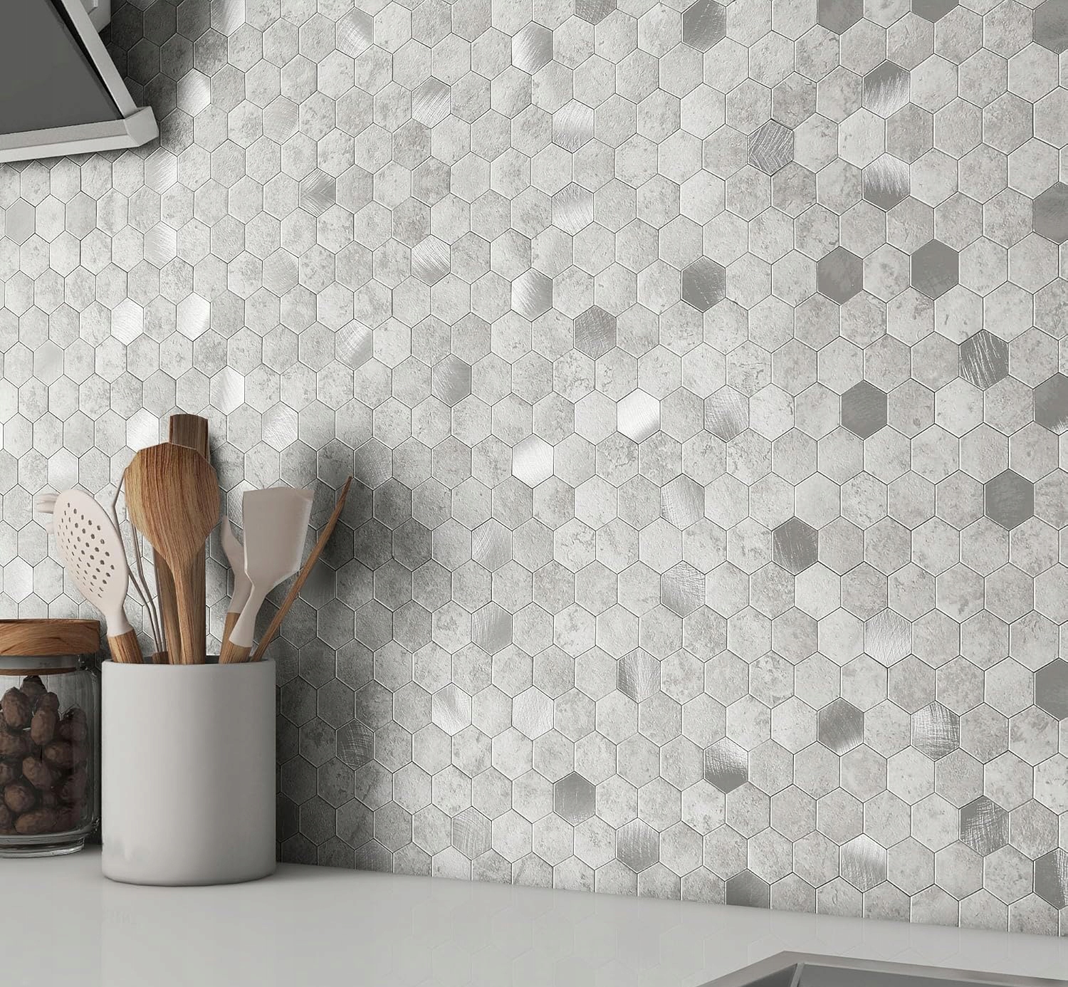 Šesťhranné 3D nálepky na steny Mofit mramor a kov 10 listov