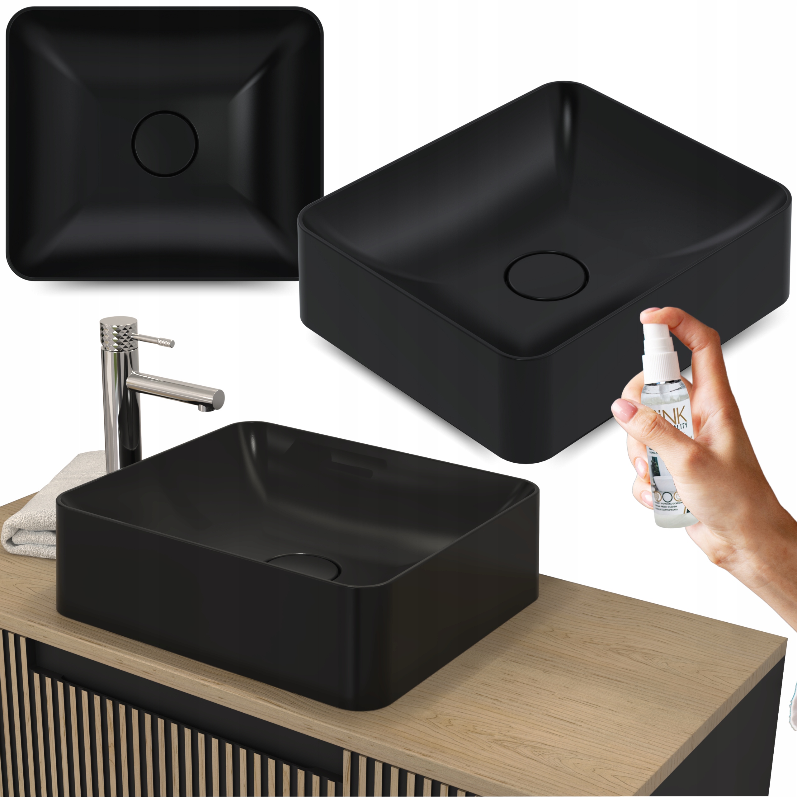 Umyvadlo Na Desku 50 Koupelnové Černé Obdélníkové Z Konglomerátu 6v1
