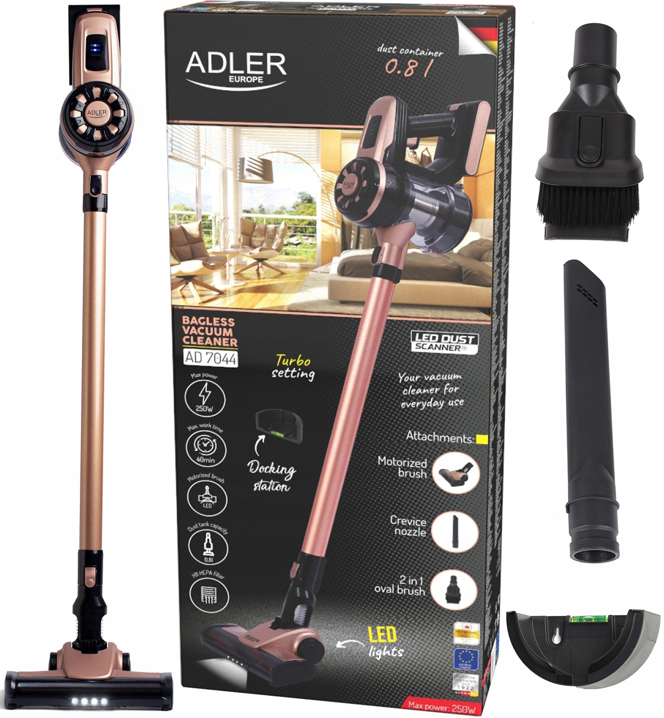 Vysavač Adler Ad 7044 Lehký Turbo 3 Nástavce 250 W