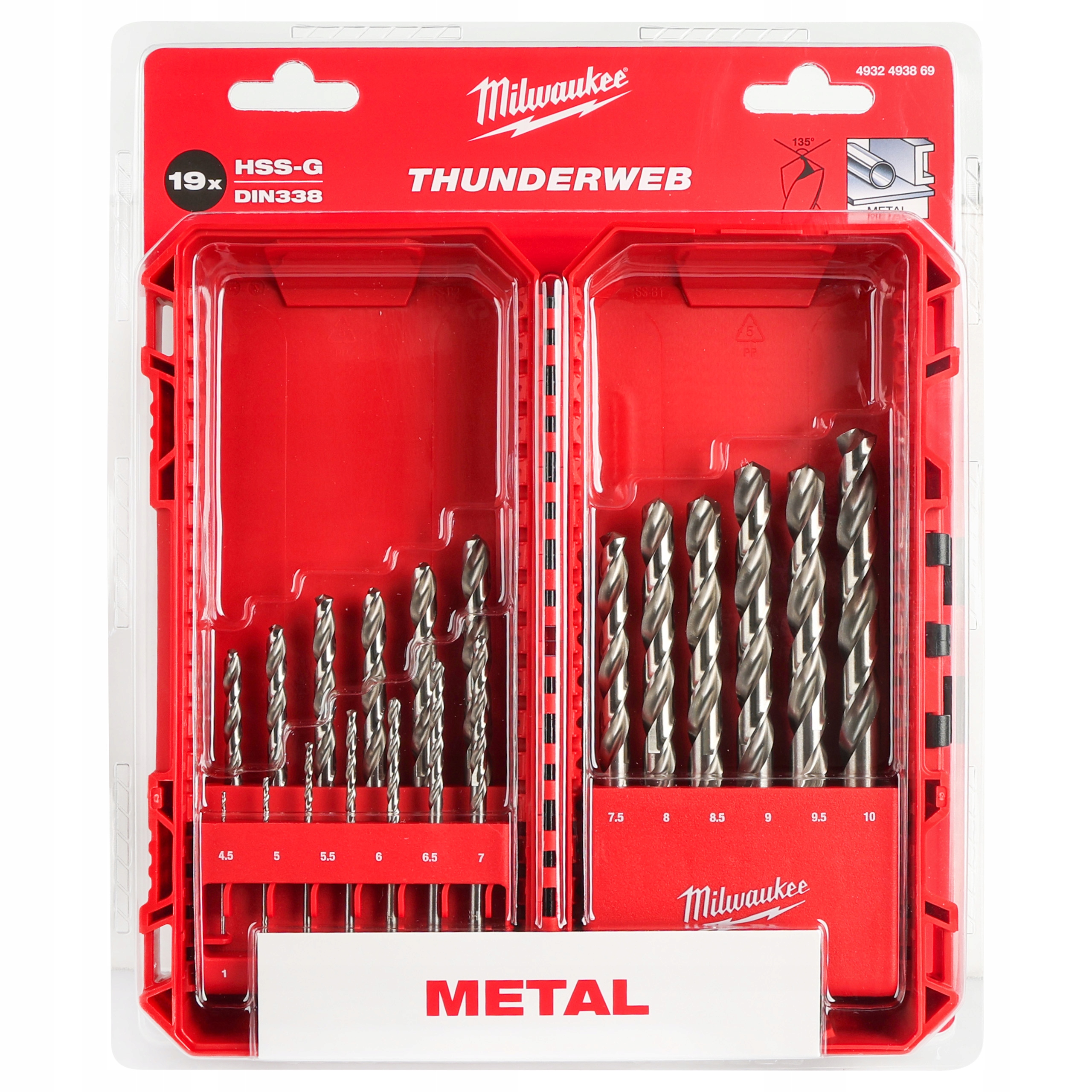Zestaw wierteł do metalu Milwaukee 1-10 mm 19 elementów Hss-g Thunderweb