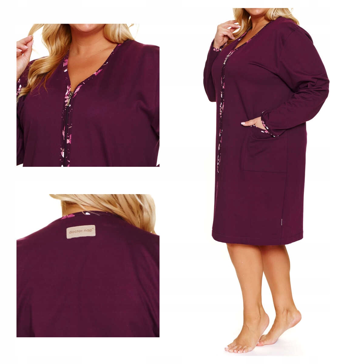 Doctornap Dámský bavlněný župan na zip Smz 7319 burgundy plus 2XL