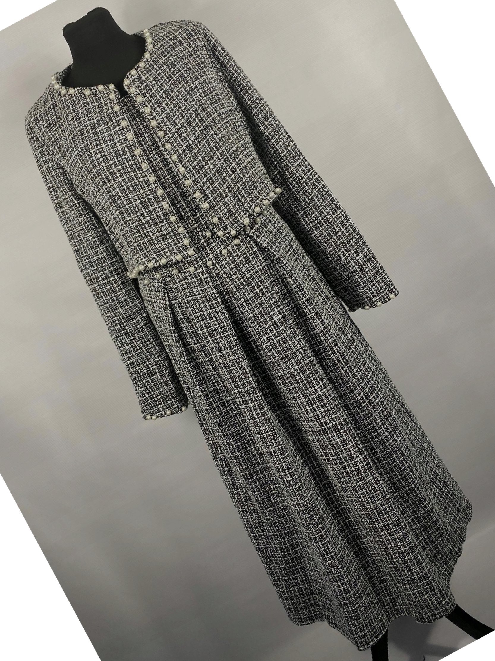 Šaty s perličkami na ramínkách Elegantní Tweedová s bundou L