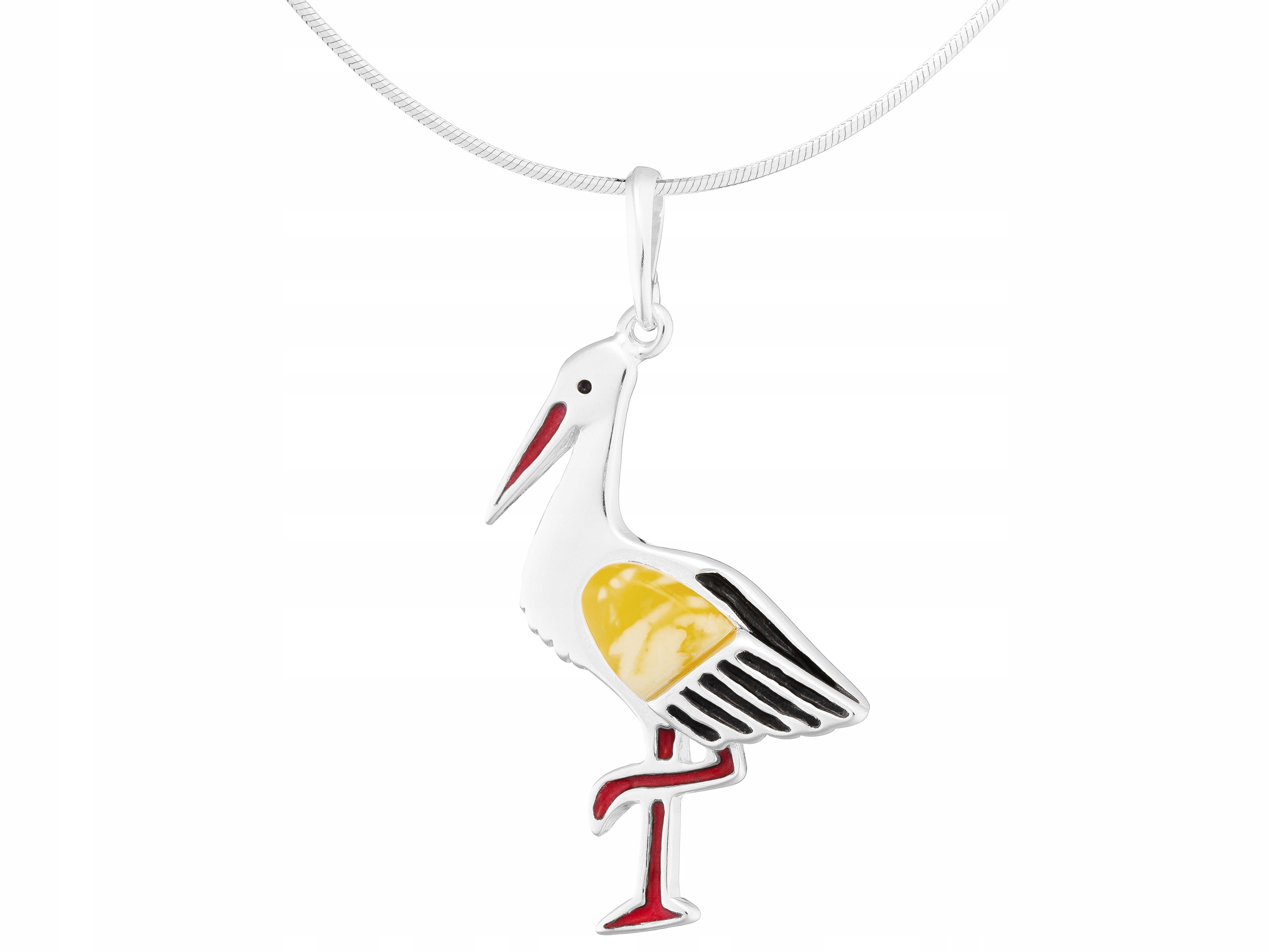 Dlouhý stříbrný dámský náhrdelník Velký čáp s jantarem a smaltem Pták 60 cm