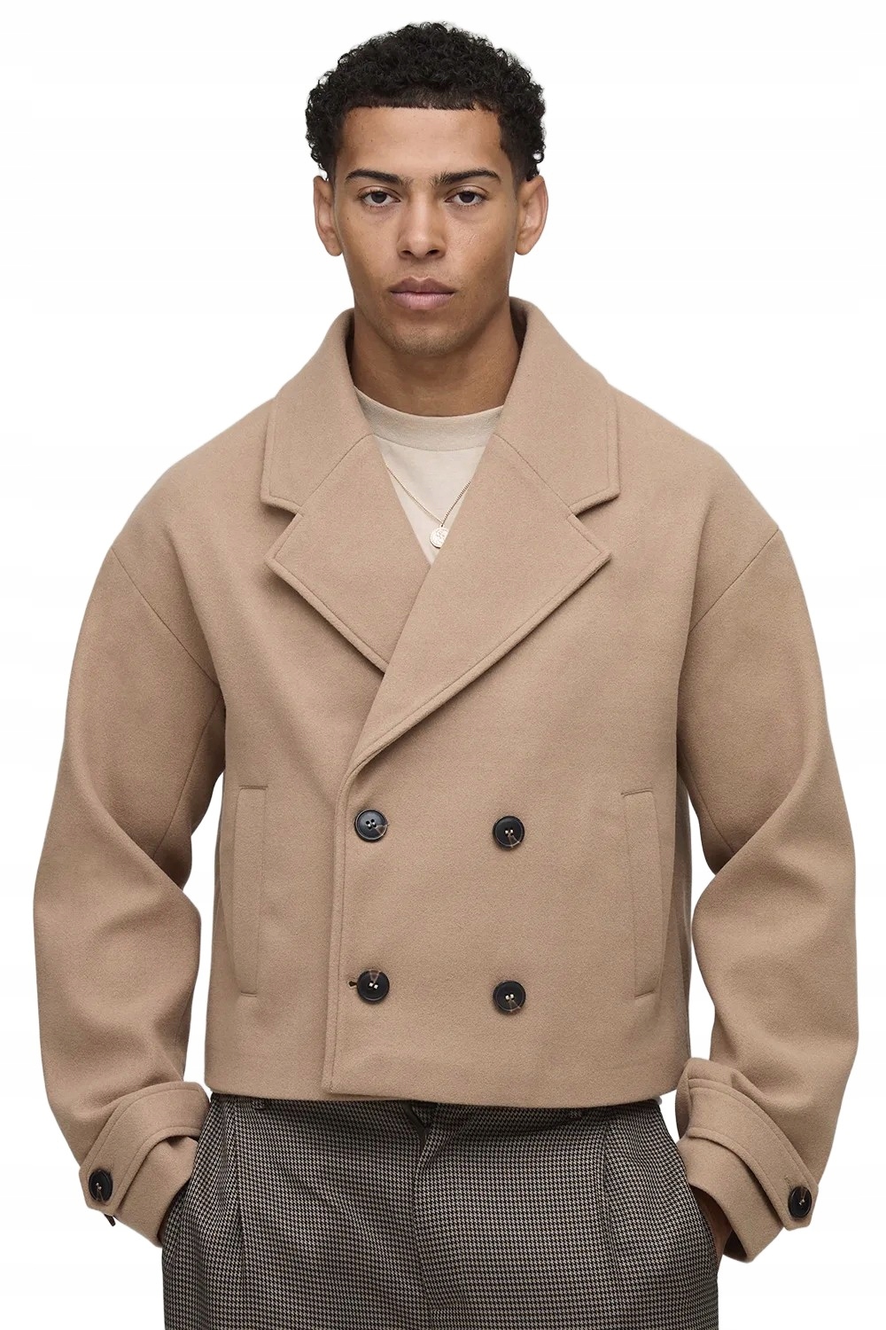 Boohooman Pánský Dvouřadý Kabát Béžový S Klopami, Krátký, Velikost Z3A