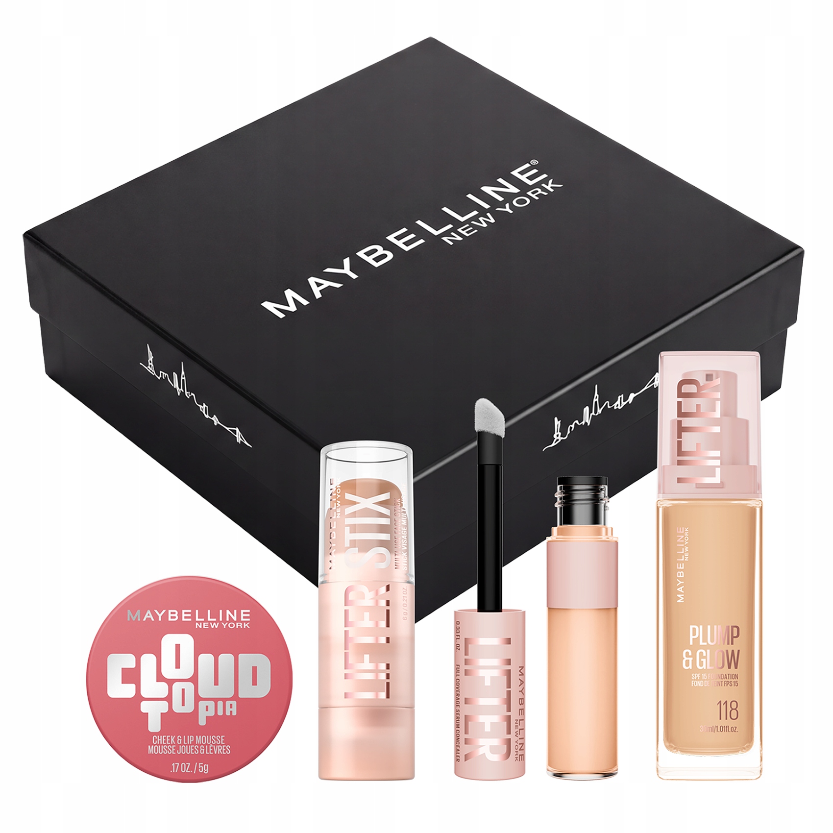 Zestaw Maybelline Cloudtopia 08 Lifter Podkład 118 Korektor 15 Bronzer 45