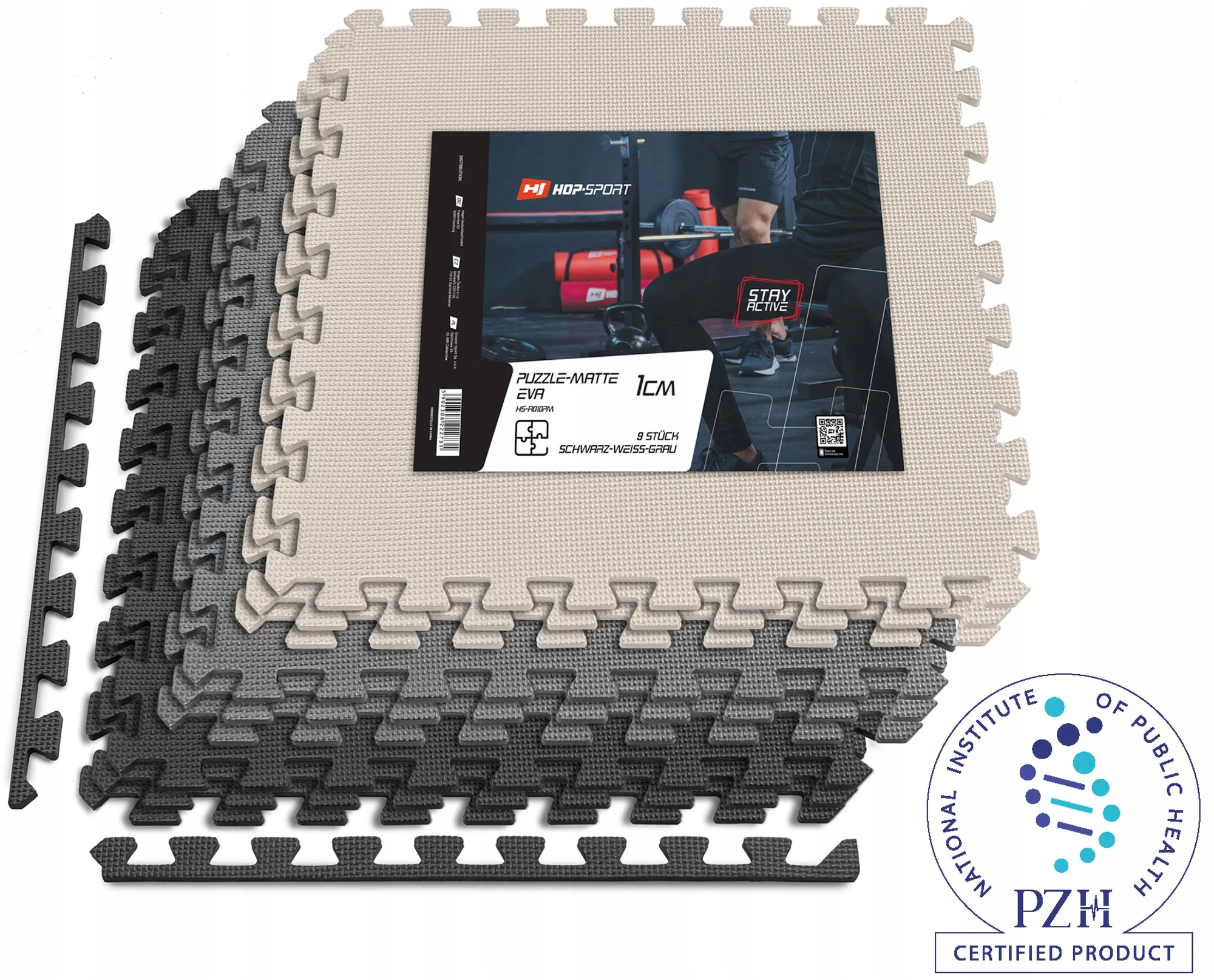 Ochranná podložka na cvičení puzzle Eva 1cm 9 ks černo bílo šedá