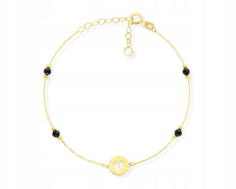 Náramek Zlatý 585 Dámské Nohy Černé Zirkony Hladké Kuličky