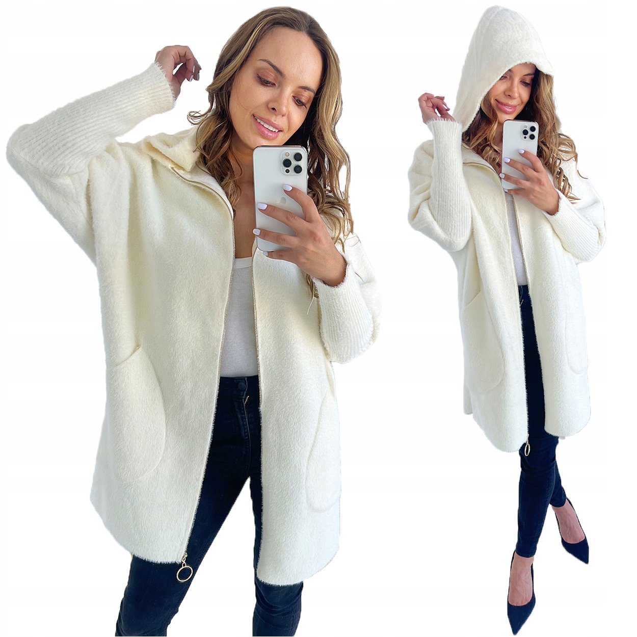 Klasický Teplý Kabát Z Alpaky Na Zip V Barvě Ecru