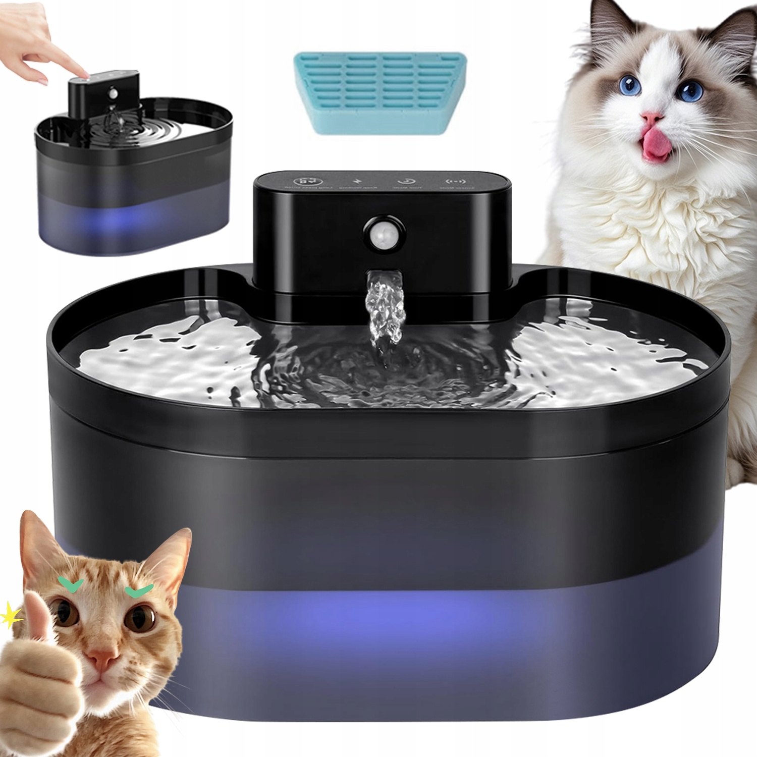 Fontána pro kočky s pohybovým senzorem o objemu 2.2 l, 3 režimy průtoku