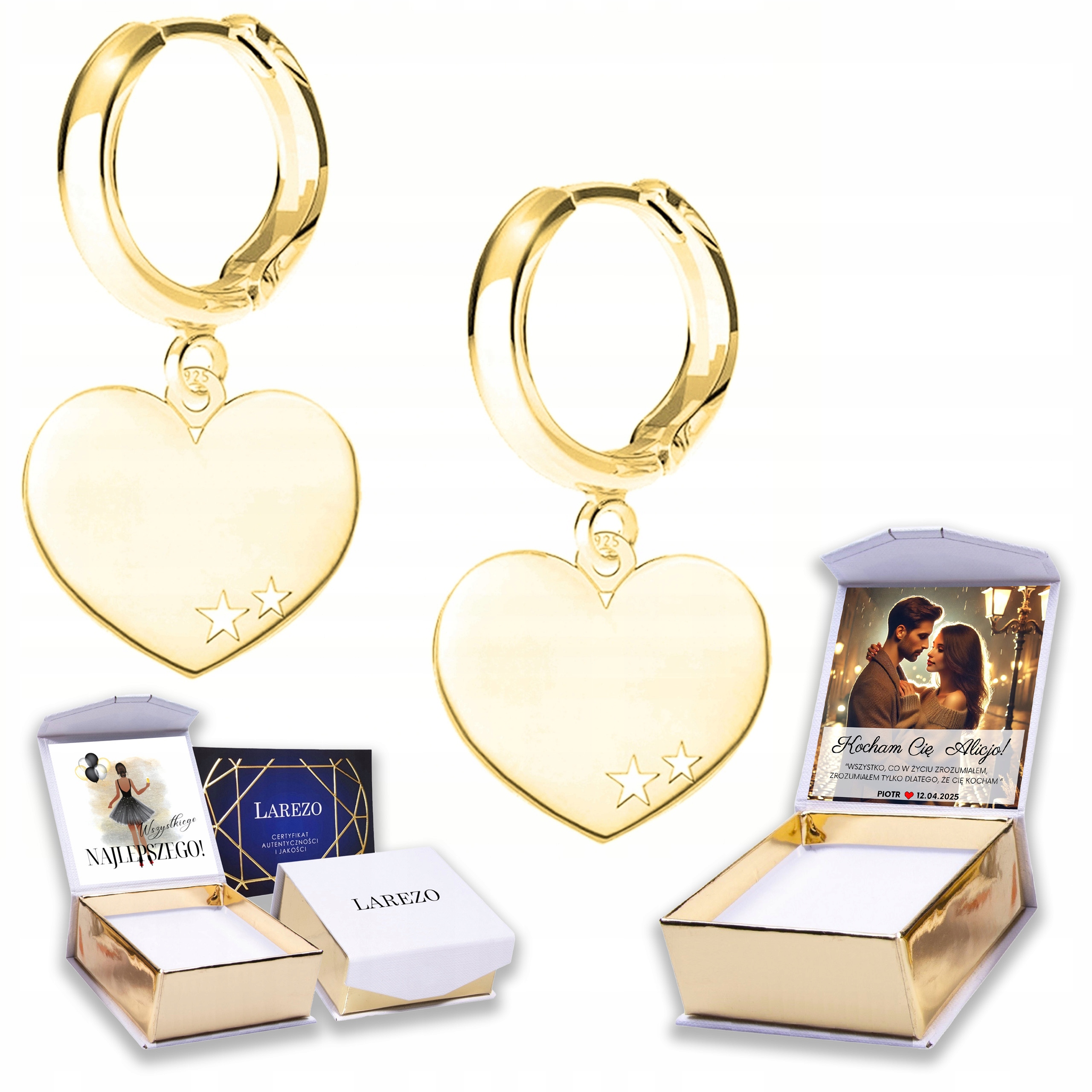 Zlaté Náušnice 925 Plech se srdíčkem Srdíčka Bigle Print