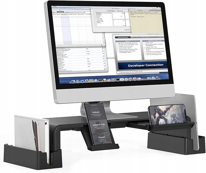 Podstawka Pod Monitor MiiKARE Z Półkami I Szufladami Na Telefon Biała