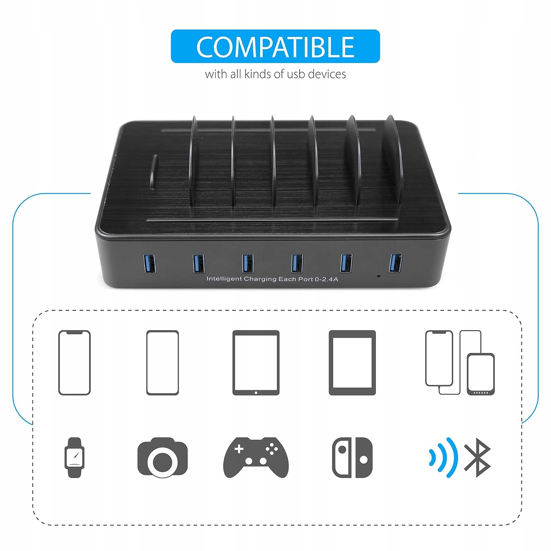 TECHDOT Stacja Ładowania USB 6 Portów Do Telefonów i Tabletów Z Kabli — miniatura 4