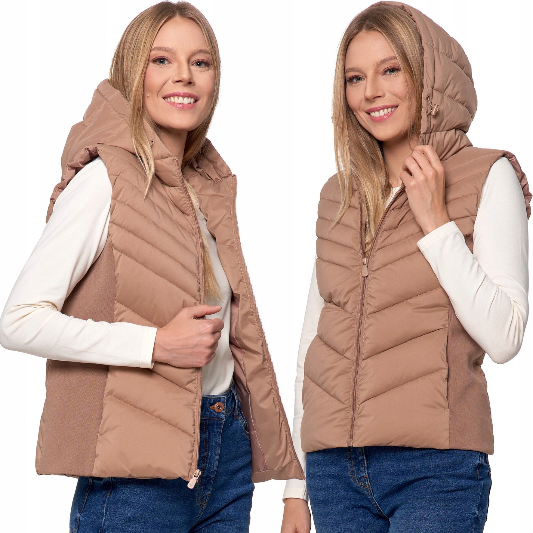 Dámská prošívaná krátká vesta S Kapucí Vesta Moraj béžová velikost S