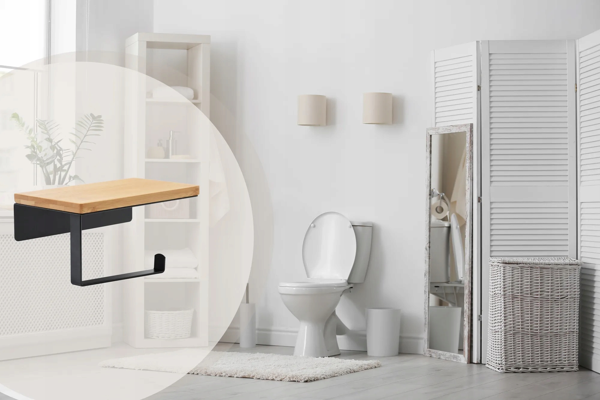 UCHWYT WIESZAK NA PAPIER TOALETOWY CZARNY Z PÓŁKĄ BAMBUSOWY Marka Tutumi