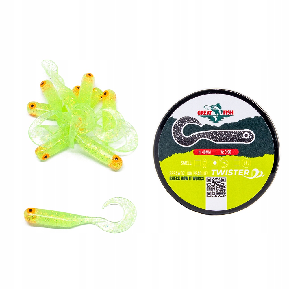 Great Fish GF1 Twister Soft Bait Shrimp Scent Glitter L. Green 10szt. 49mm