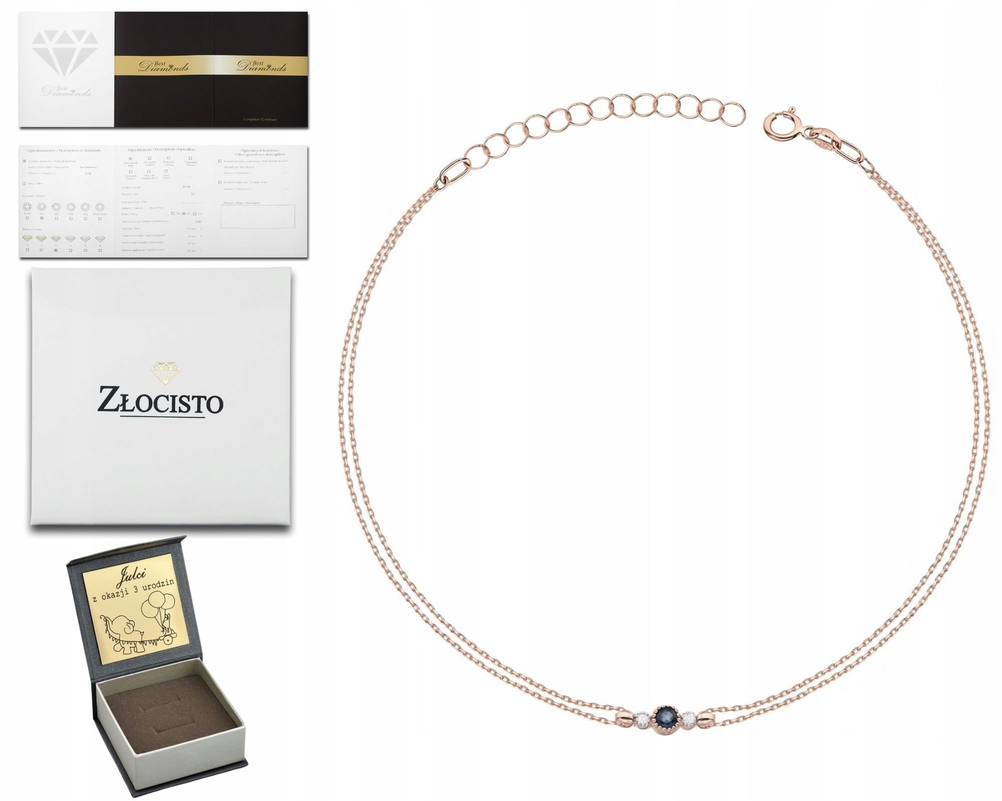 Náramek Z Růžového Zlata Tmavě Modrý Safír Briliantové Zlato 585 Gravírování