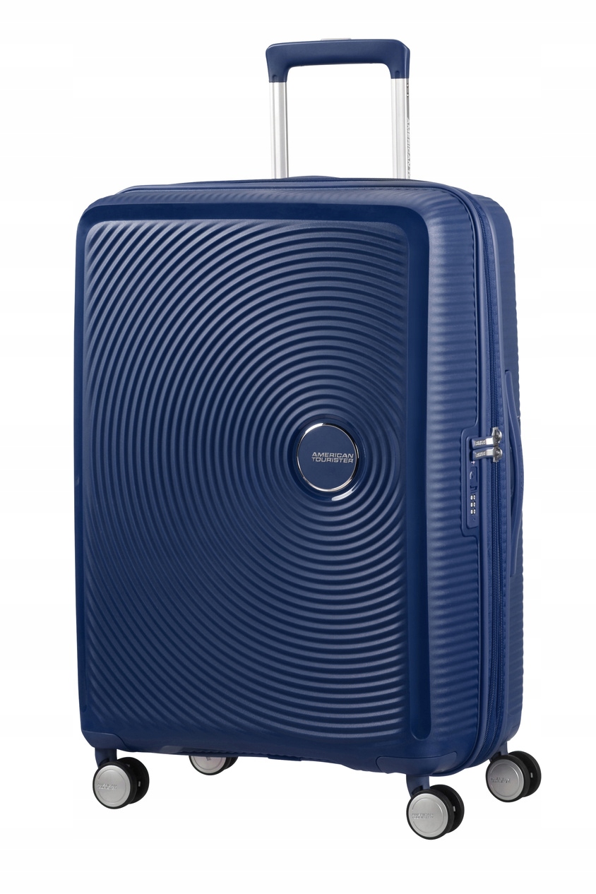 Střední kufr American Tourister Soundbox 67 cm, tmavě modrý, rozšiřitelný Tsa