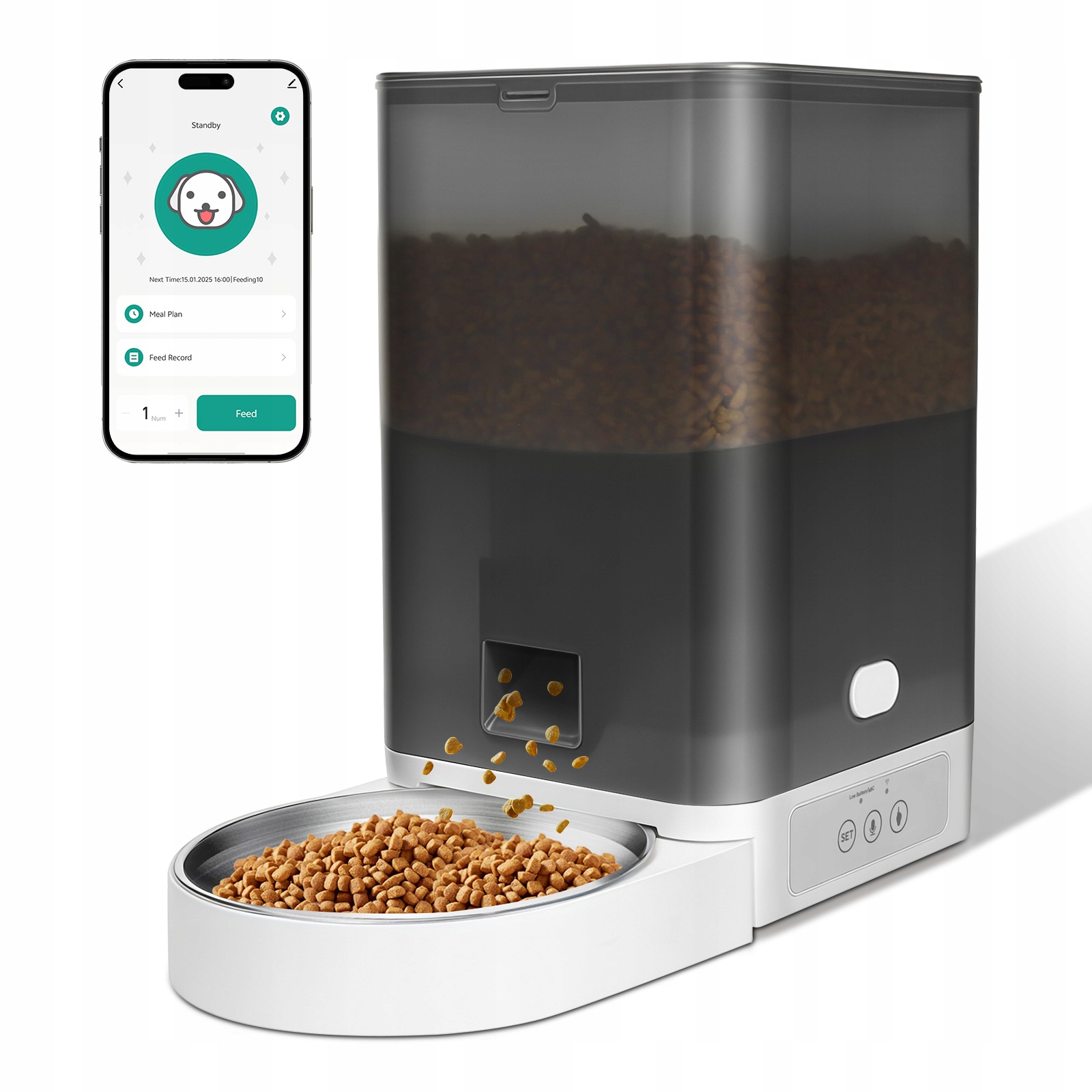 Levně Automatický dávkovač krmiva pro kočky 4L s WiFi, automatický podavač krmiva pro psy, záznamník hlasu, šedý