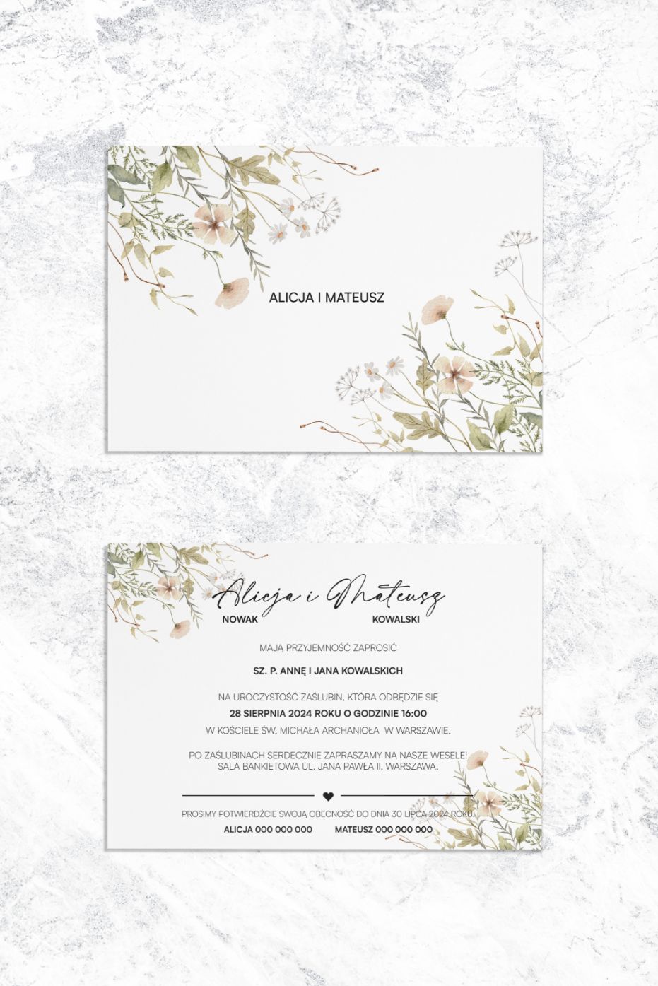 ZAPROSZENIA ślubne botaniczne, polne kwiaty