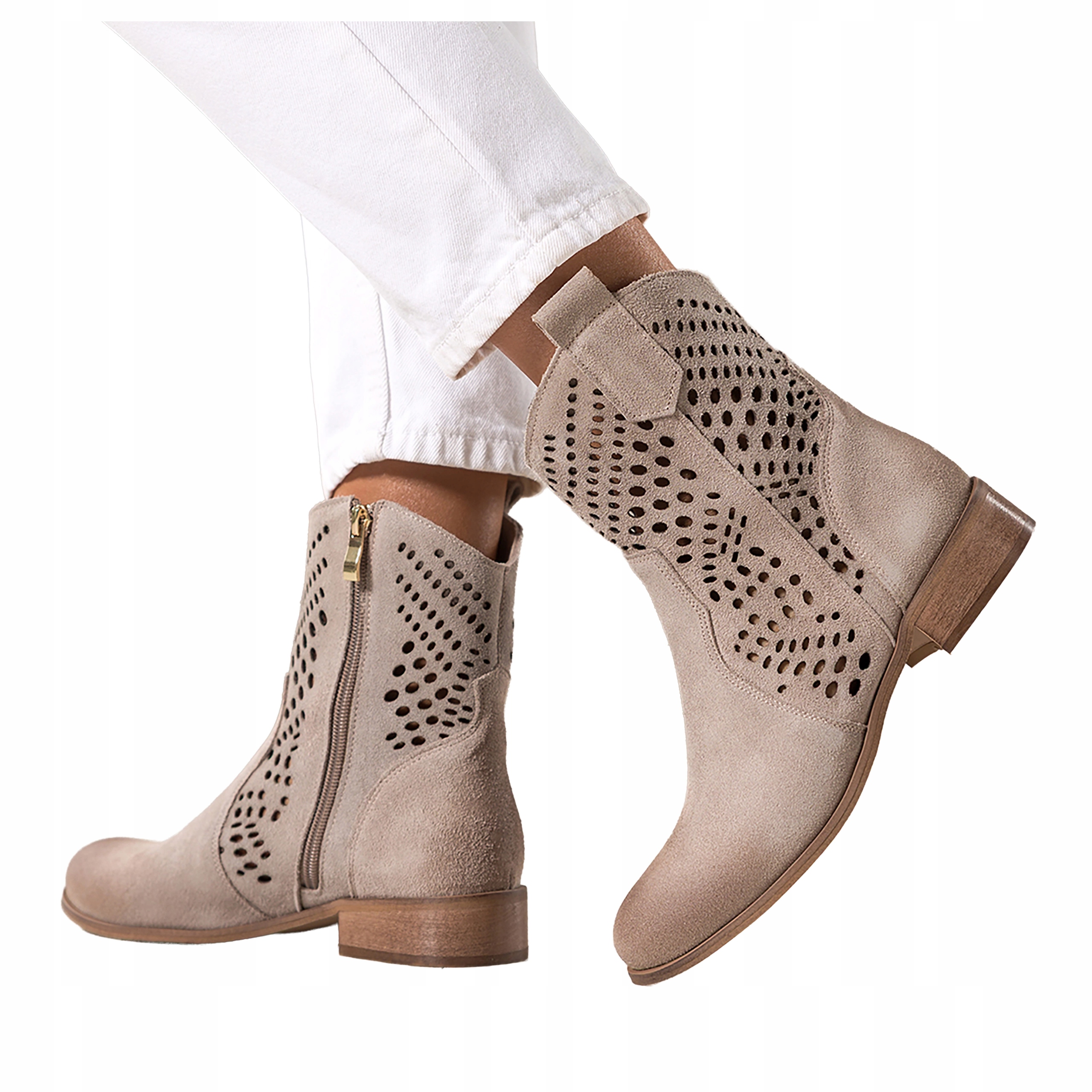 Kotníkové Boty Béžové Dámské Kožené Kovbojské Boty Nízké Klocek Ažurové Pohodlné r 38