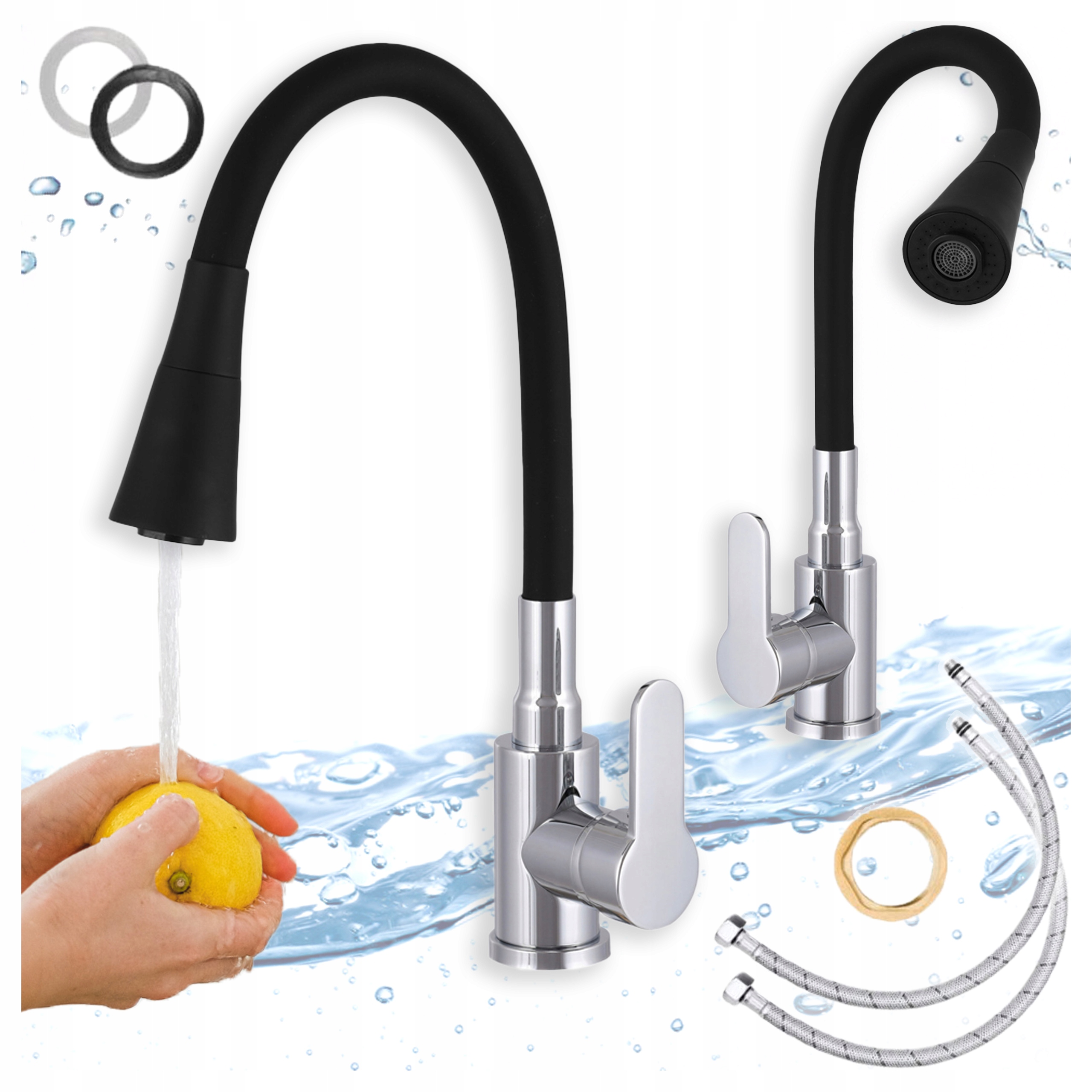 Kuchyňská baterie Černá Flex Plus Elastická ohýbatelná výpusť Kuchyňský Kohout