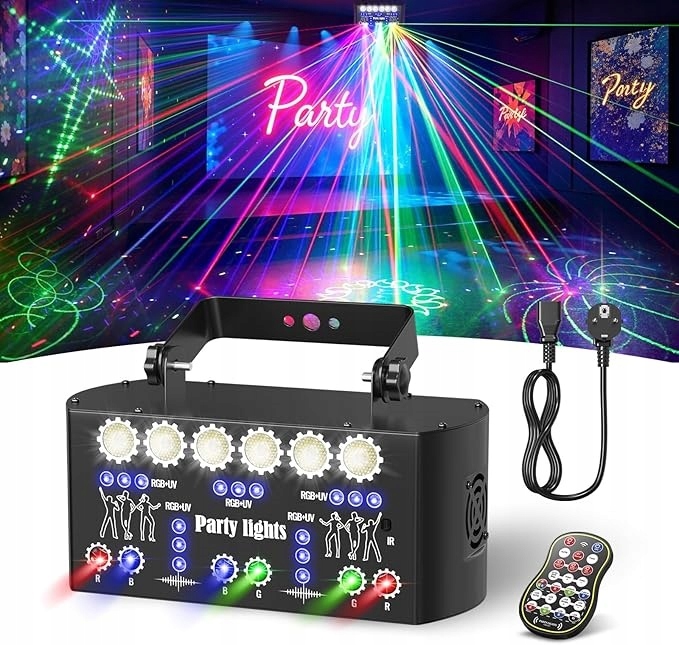 OŚWIETLENIE IMPREZOWE PROJEKTOR LASEROWY DISCO LIGHT Z RGB DMX I PILOTEM