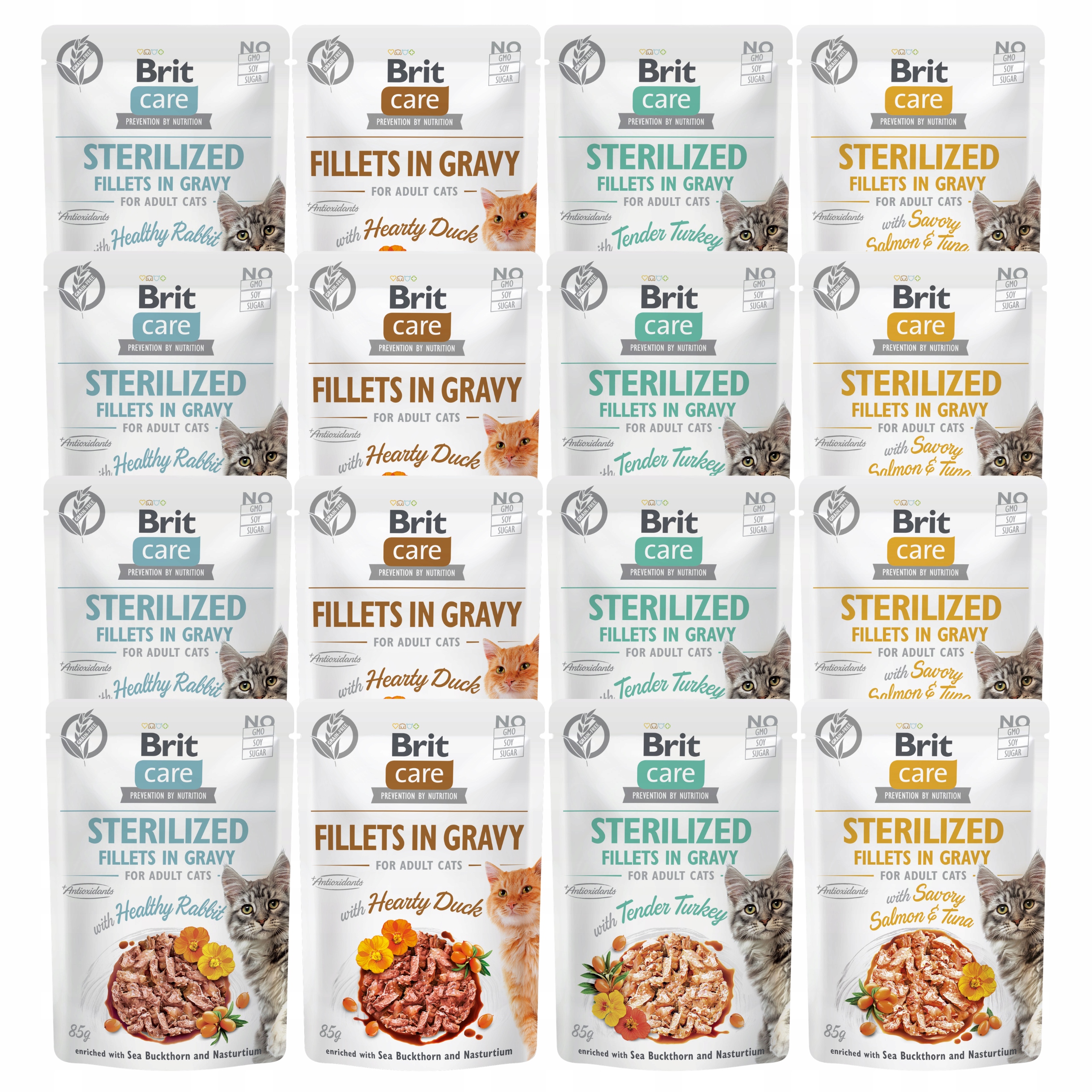 Brit Care Cat Sterilized krmivo pro kočky Fillets gravy mix chutí 16 x 85 g