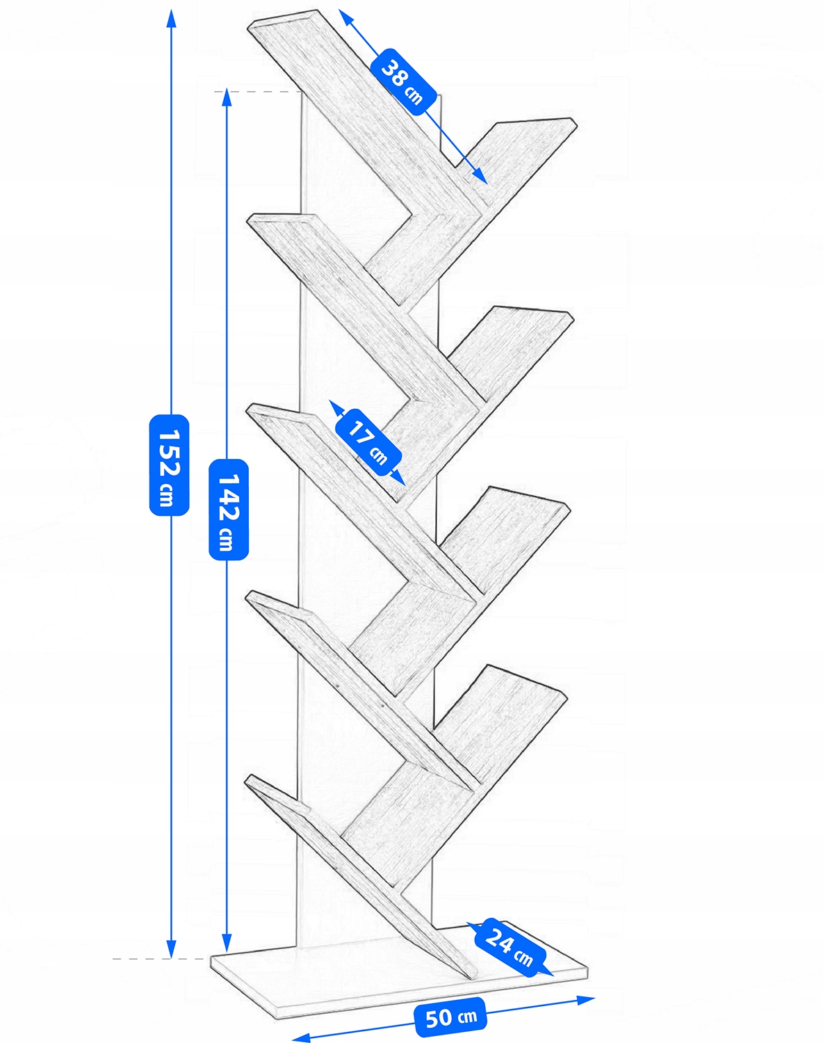 WĄSKI REGAŁ STOJĄCY NA KSIĄŻKI PÓŁKI "JODŁA" Wysokość mebla 152 cm