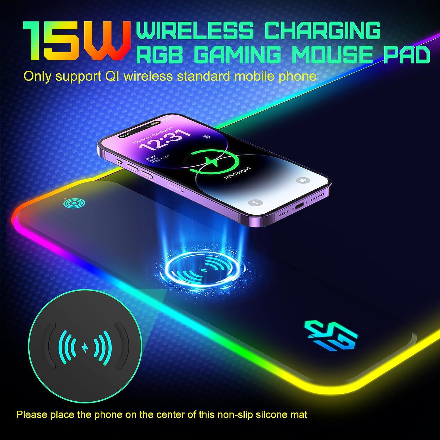 RGB PODKŁADKA GAMINGOWA LED Z ŁADOWANIEM QI 15W WODOODPORNA ANTYPOŚLIZGOWA — miniatura 2