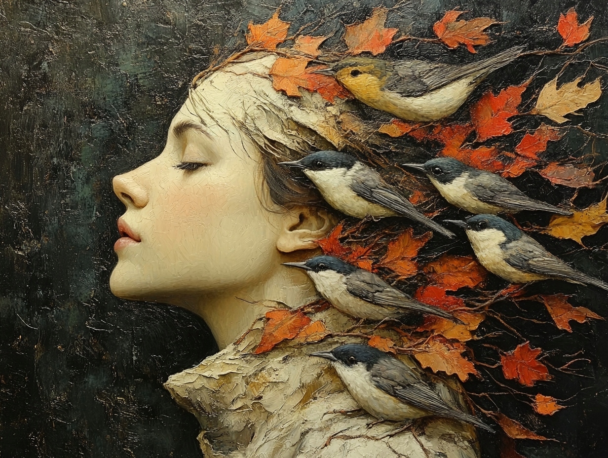 Obraz Na Plátně Canvas Portrét Profil Žena Listy Ptáci Podzim 100x75