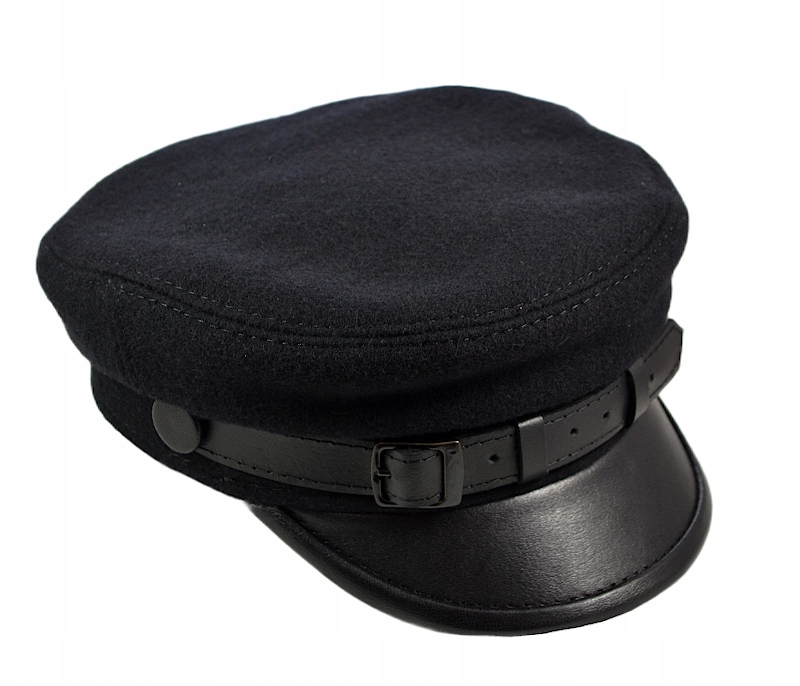 Vlněná čepice s černou brigádou s koženým kšiltem a páskem