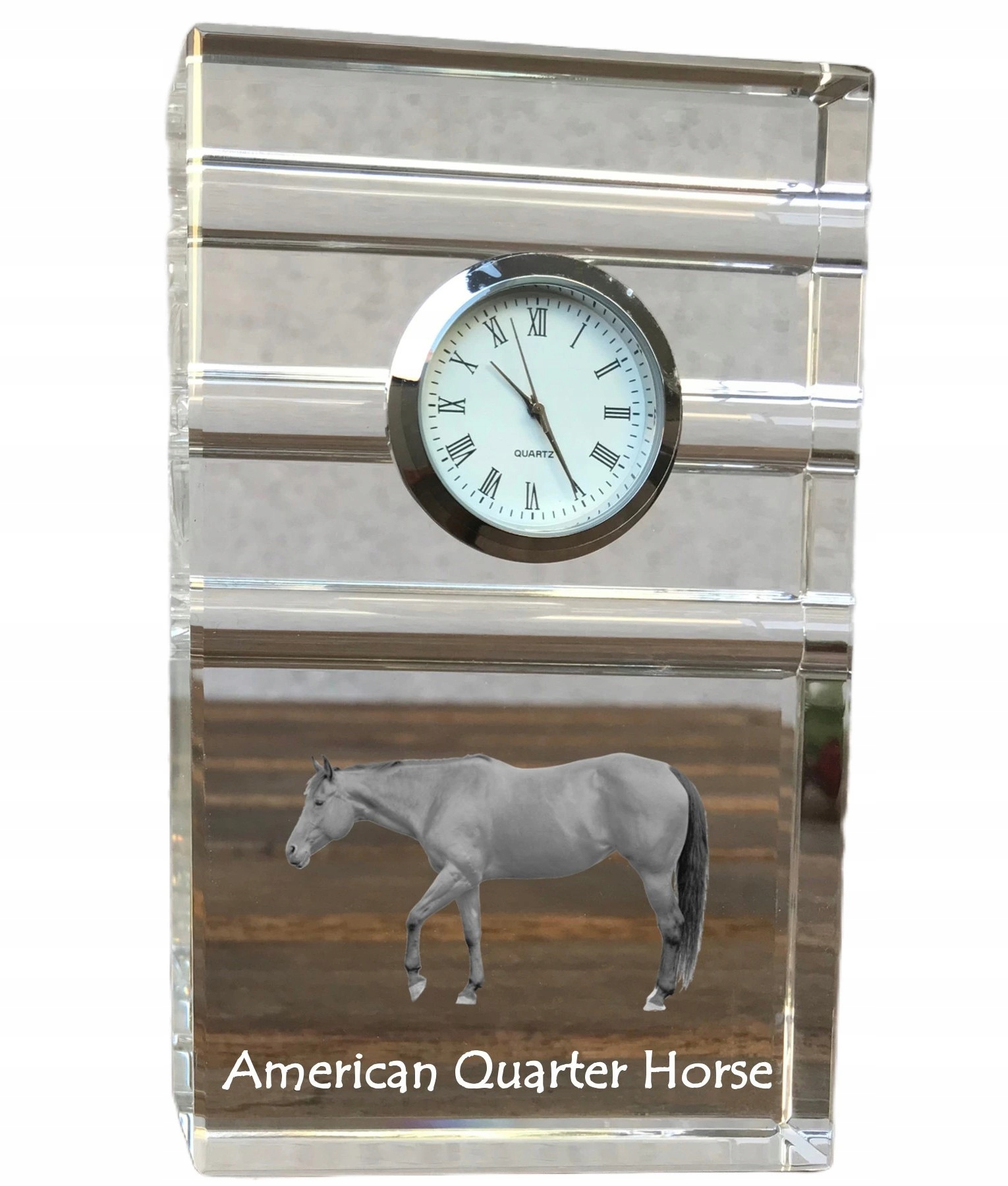 Kôň American Quarter krištáľové stolové hodinky s vašou fotografiou