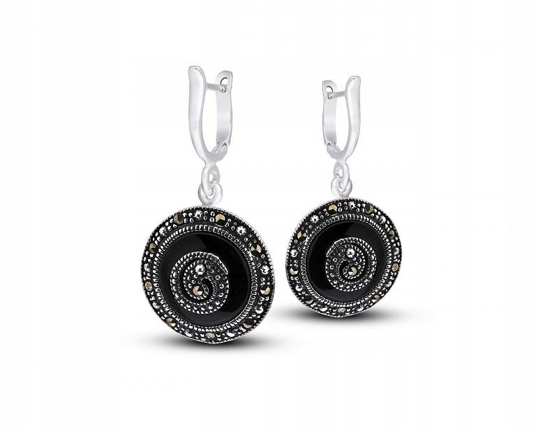 Stříbrné Náušnice Závěsné Černé Onyx Markýzy Anglické Zapínání 925