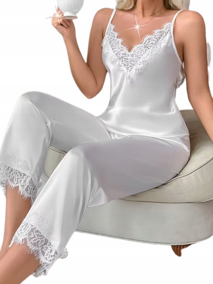 Bílé Pyžamo Satén Bílá Krajka Dlouhé Kalhoty Saténové Pyžamo XXL