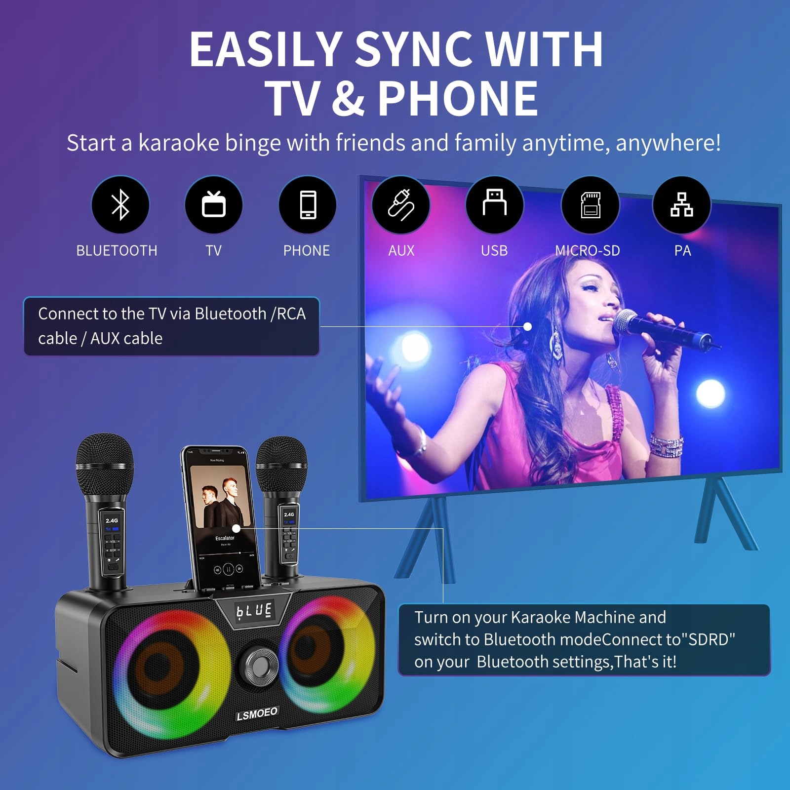 PRZENOŚNE KARAOKE MASZYNA Z GŁOŚNIKIEM BLUETOOTH I 2 MIKROFONAMI — miniatura 2