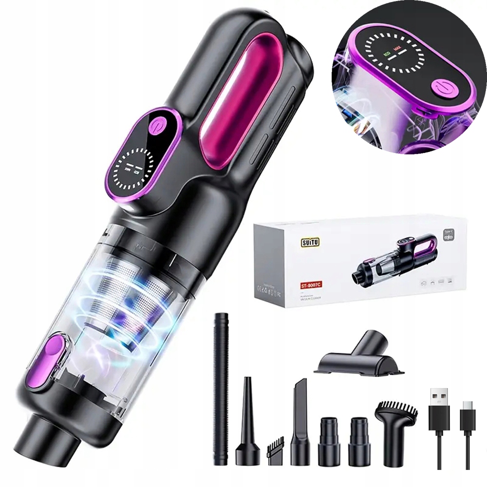 Cyklónový akumulátorový ruční vysavač do auta, Usb dobíjecí, Led světlo